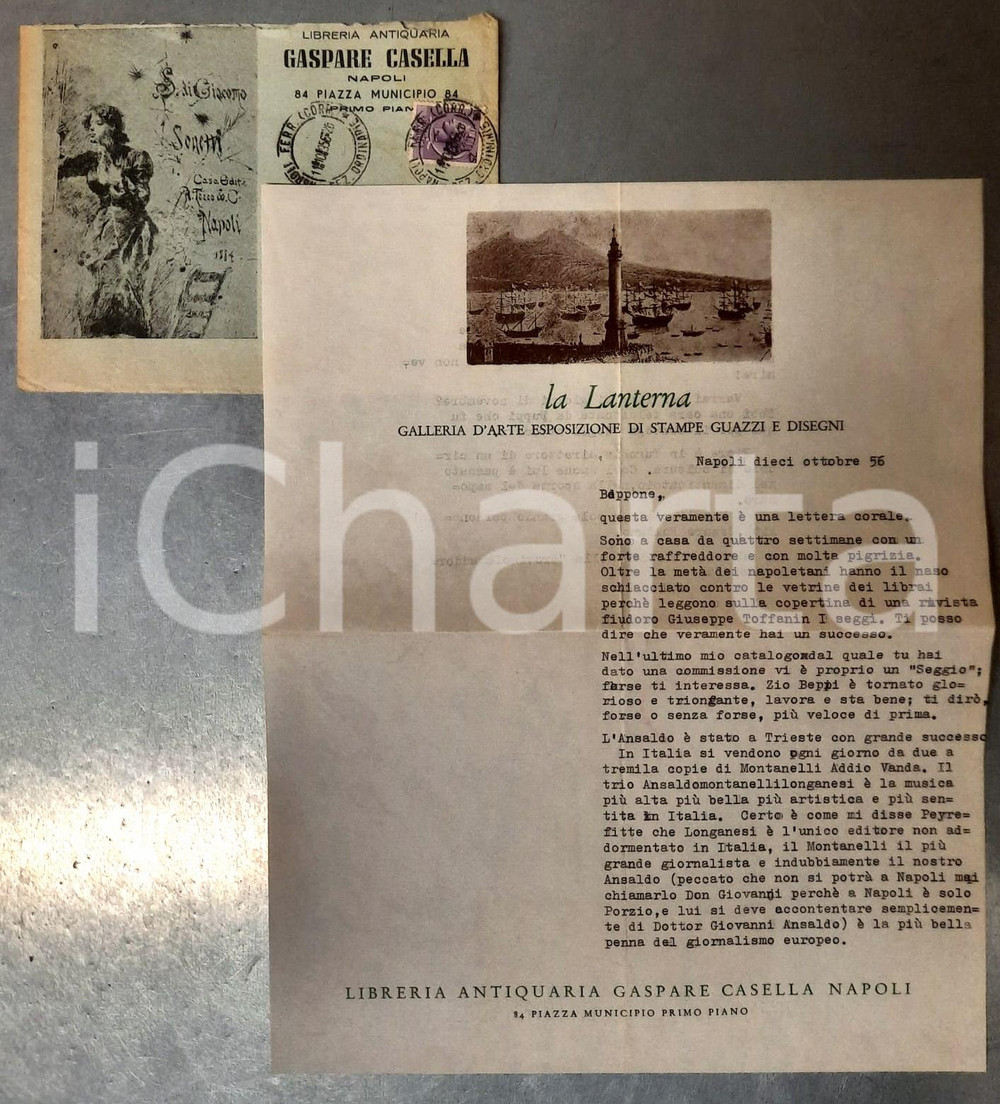 Autografo originale 1956 NAPOLI Lettera Gaspare CASELLA  Elogio di Indro Montanelli  Autografo 1