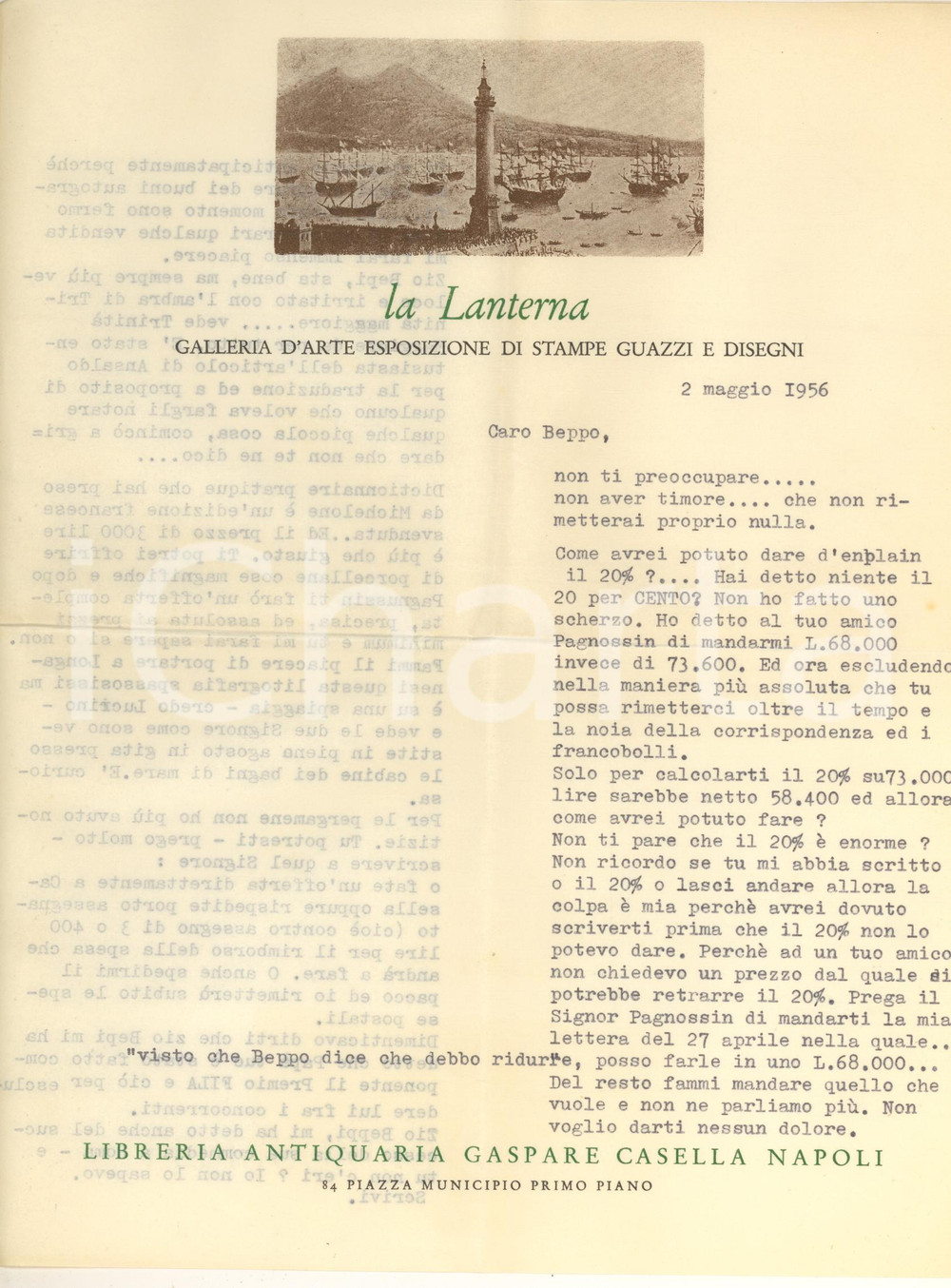 Autografo originale 1956 NAPOLI Lettera libraio Gaspare CASELLA a un amico collezionista 1