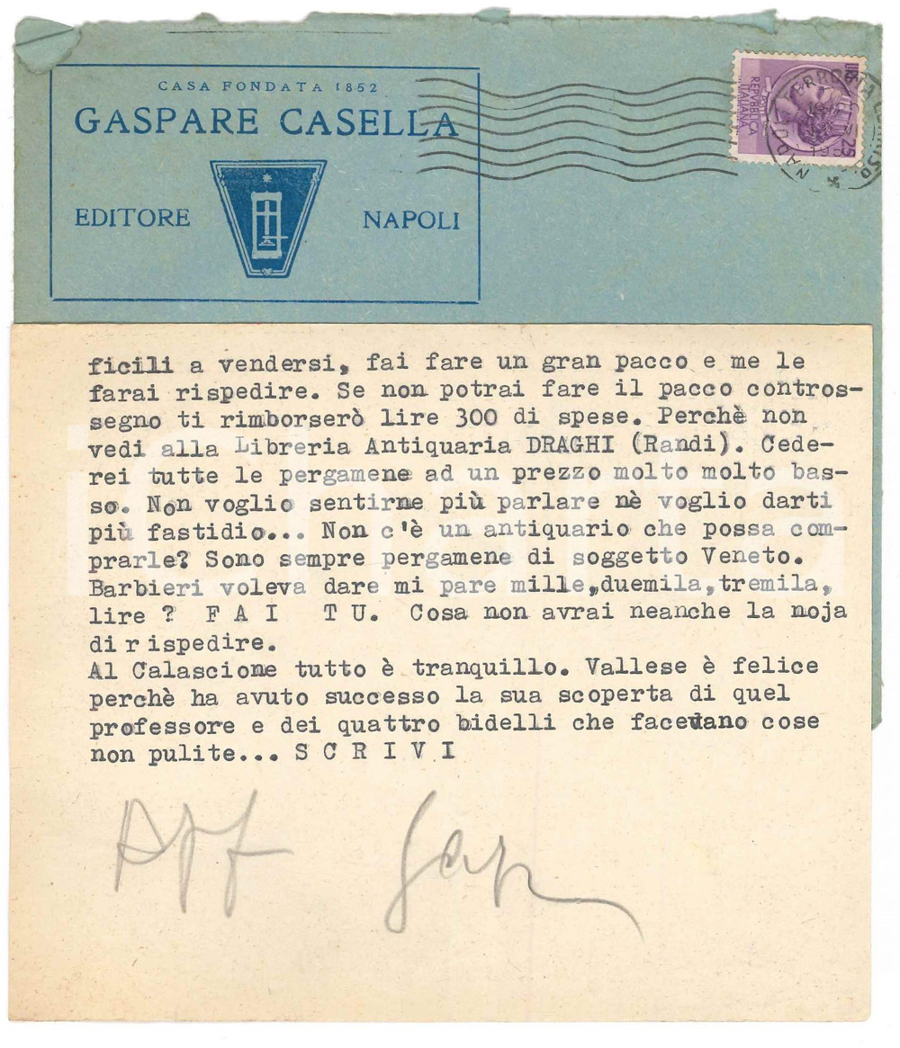 Autografo originale 1956 NAPOLI Biglietto Gaspare CASELLA per libri di porcellana  Autografo 1