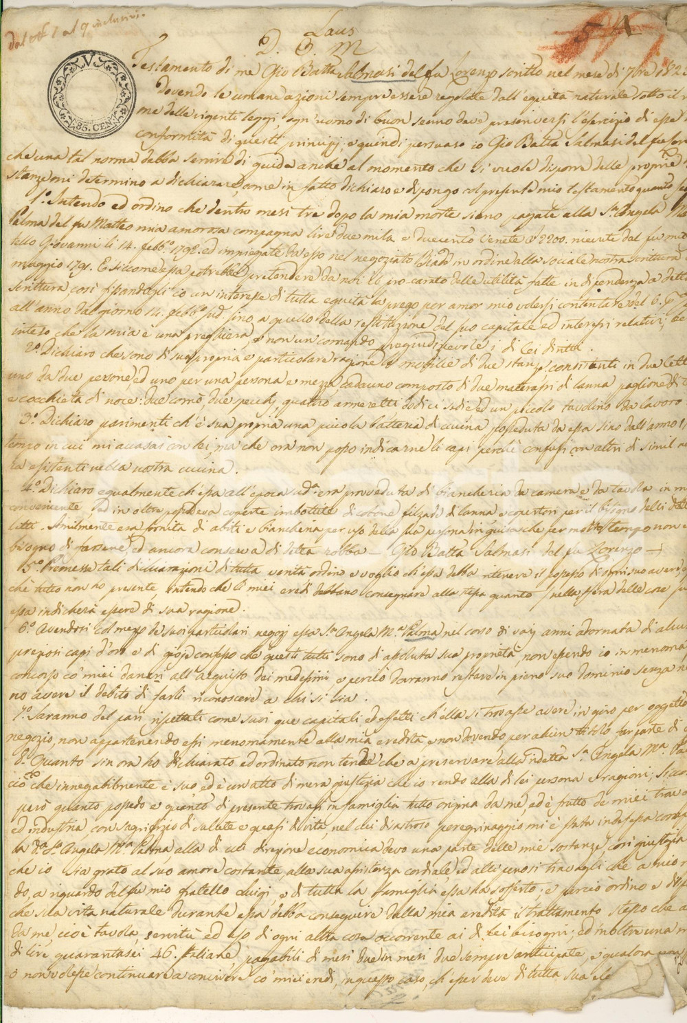 1823 DOLO (VE) Testamento di Giovanni Battista SALMASI pro moglie *Manoscritto Documento manoscritto, originale d'epoca, contenente il testamento redatto da Giovanni Battista Salmasi a favore della moglie Angela Maria Palma.PAGINE: 4 (2 scritte) POOR/danneggiato piegature marginali, con piccoli strappi Formato: 23x32 cm originale e autentica 1
