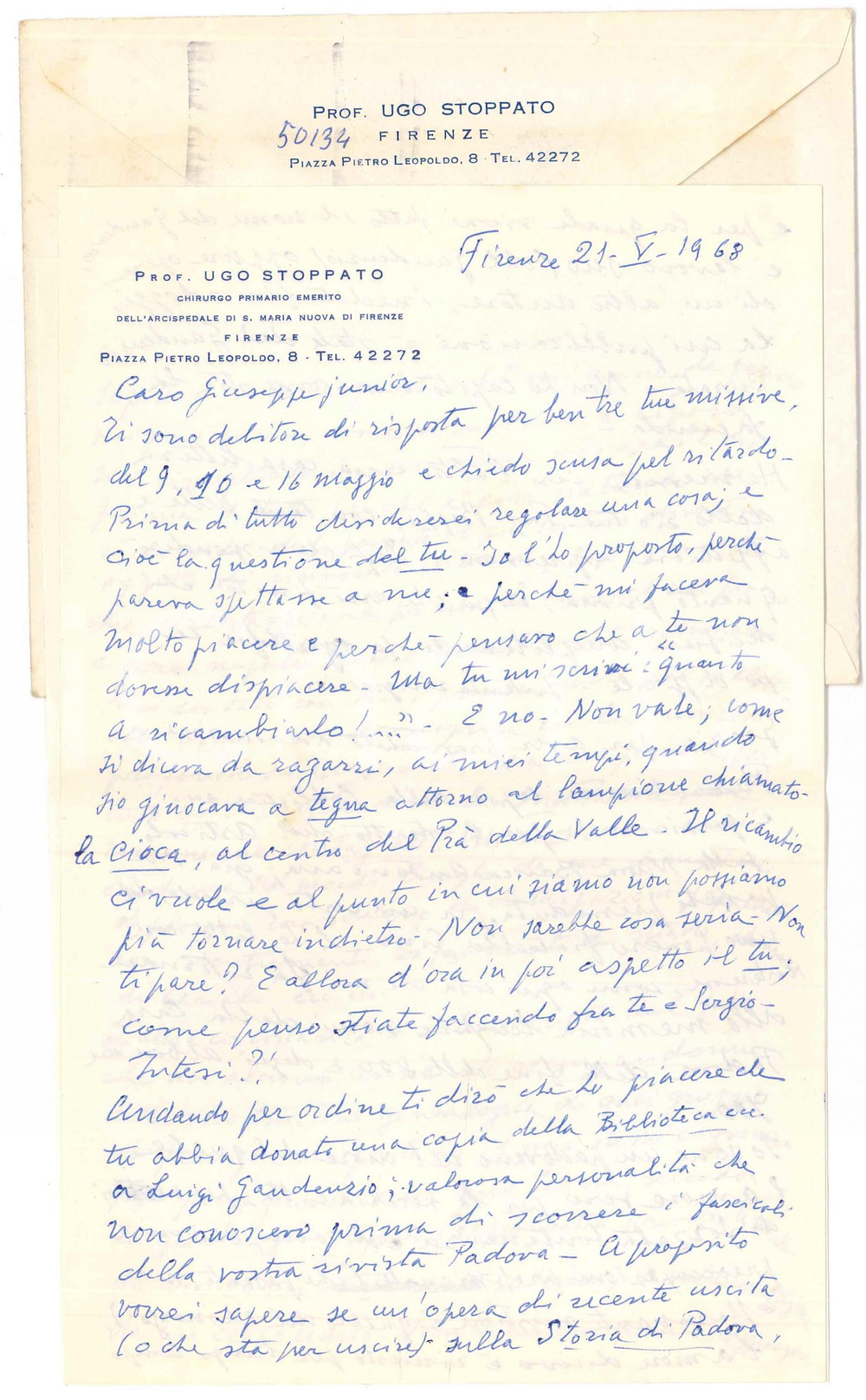 Autografo originale 1968 FIRENZE Lettera Ugo STOPPATO su genealogia di famiglia AUTOGRAFO 1