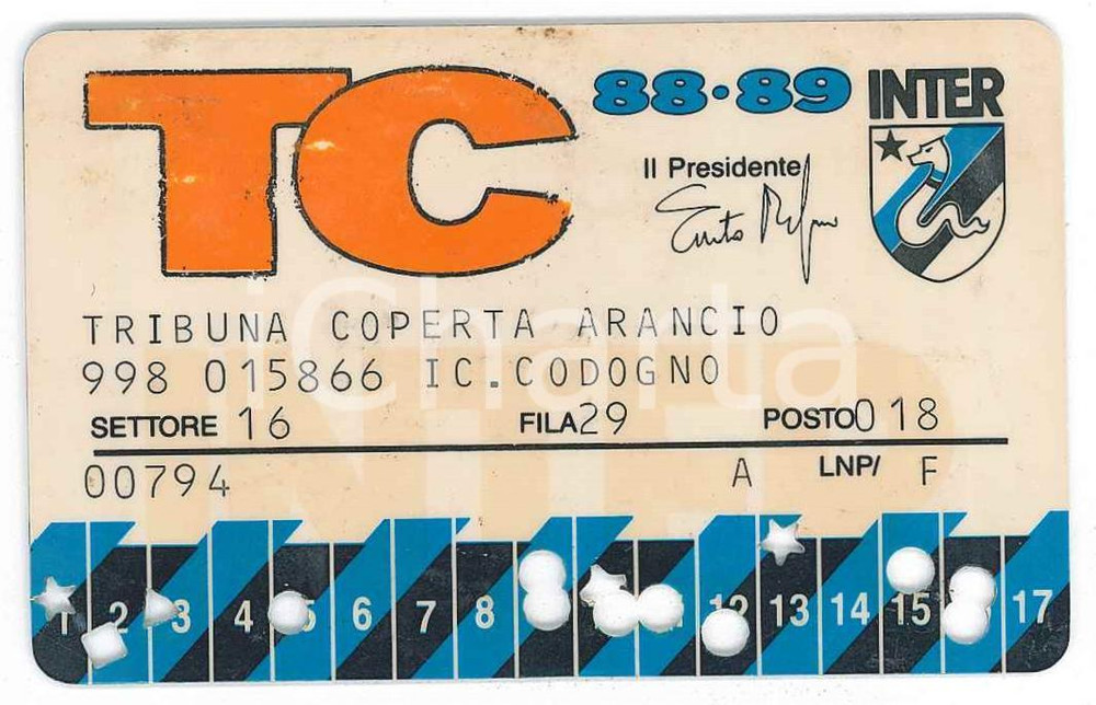 Oggetto da collezione cartaceo 1988/1989 MILANO Stadio San Siro INTER Tessera tifoso  Tribuna coperta arancio 1