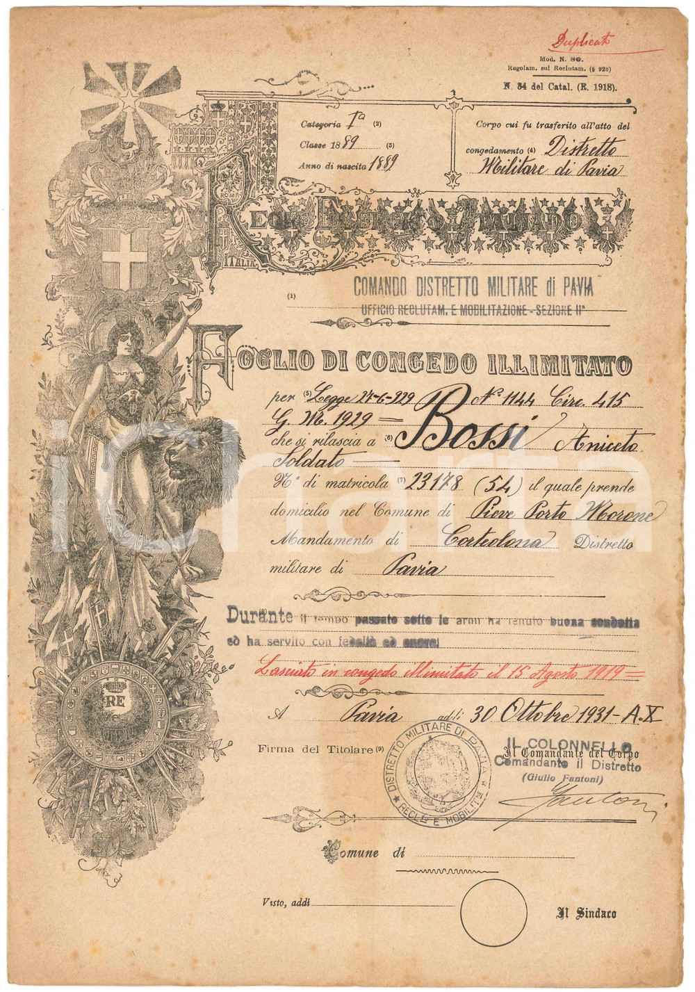 Documento originale, autentico 1931 REGIO ESERCITO  PAVIA Congedo illimitato Soldato Aniceto BOSSI 1