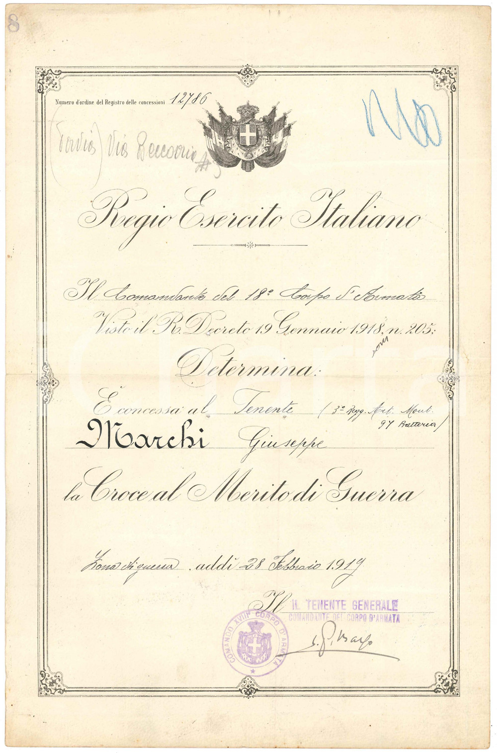Documento originale, autentico 1919 ZONA DI GUERRA  ESERCITO Croce merito di guerra Tenente Giuseppe MARCHI 1
