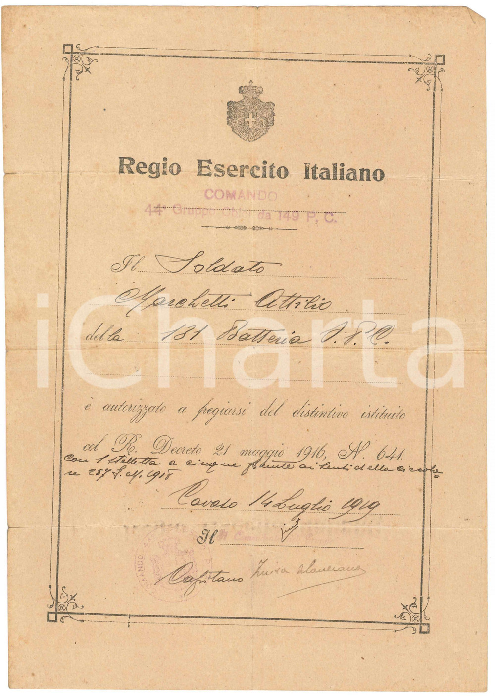 Documento originale, autentico 1919 CAVASO Regio Esercito Comando 44Â° Gruppo obici  Soldato Attilio MARCHETTI 1