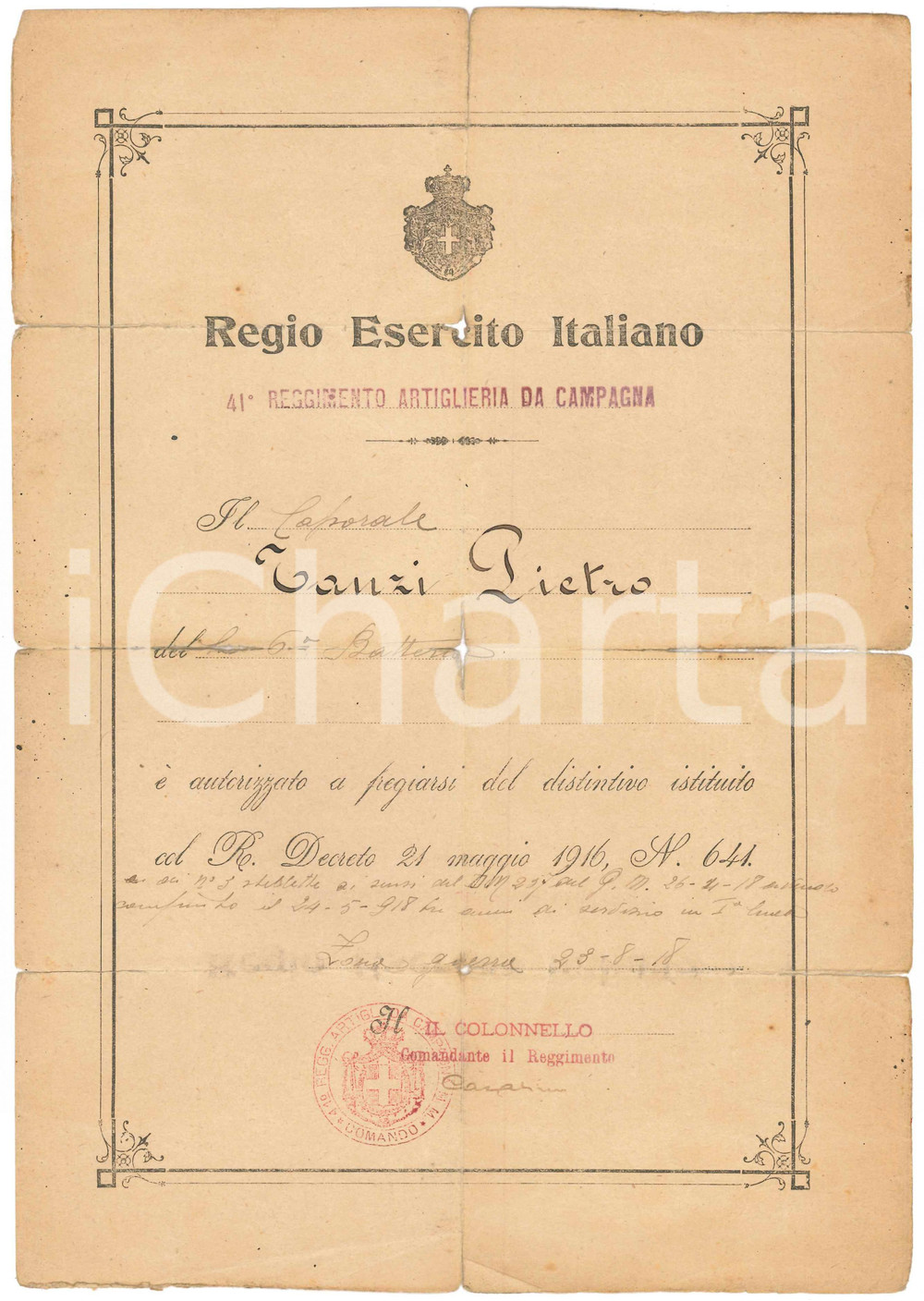 Giornale, rivista storica 1918 ZONA DI GUERRA 41Â° Regg. Artiglieria da campagna  Caporale Pietro TANZI 1