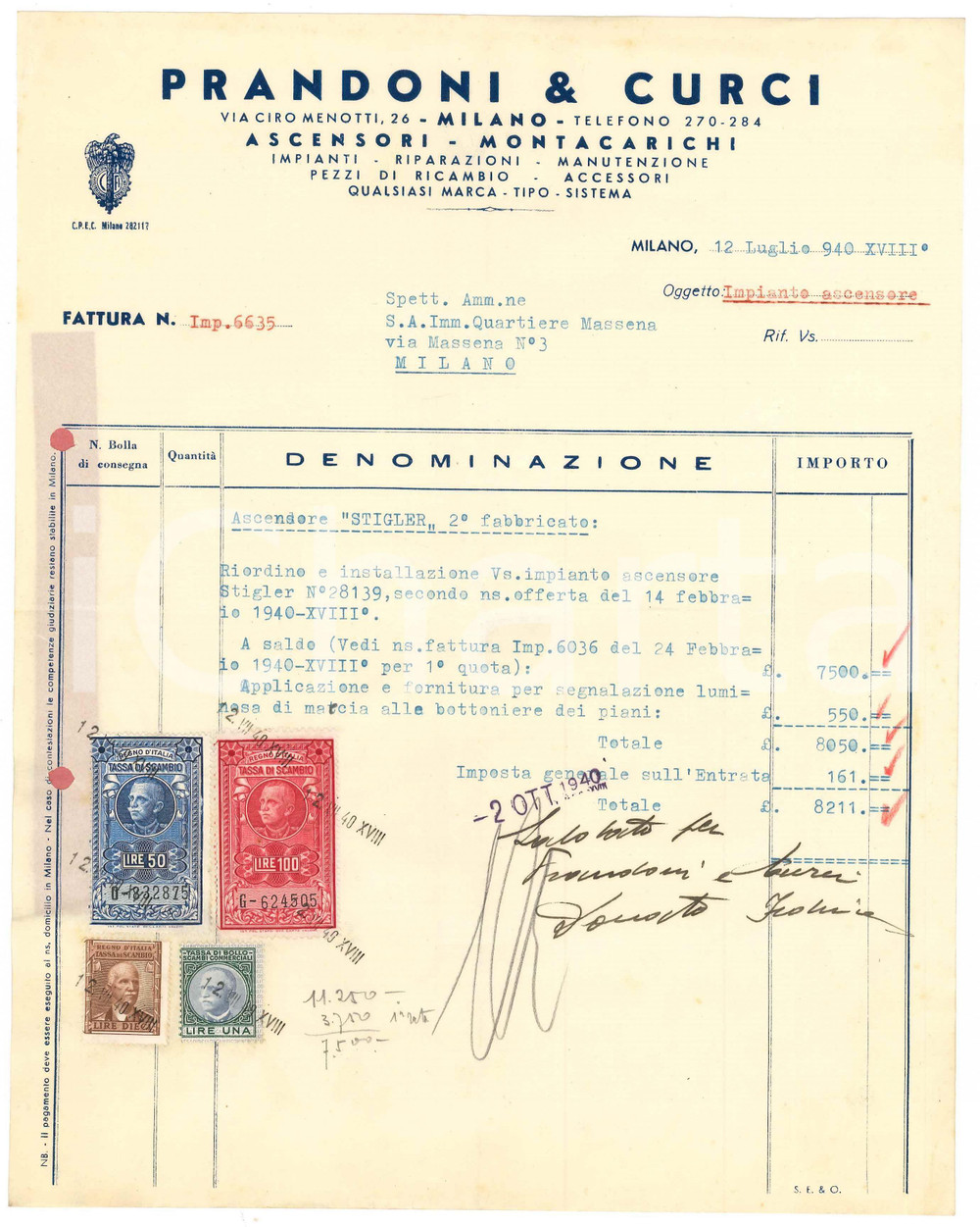 1940 MILANO Ascensori PRANDONI E CURCI Fattura per ascensore STIGLER 22x28 cm Fattura d'epoca.Con marche da bollo.  FAIR/discreto Piegature d'epoca, fori da classificatore Formato: 22x28  cm originale e autentica 1
