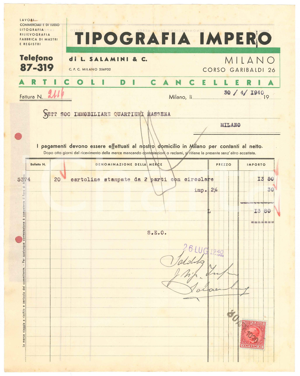 Documento originale, autentico 1940 MILANO Tipografia Impero  Fattura per cartoline 22x28 cm 1