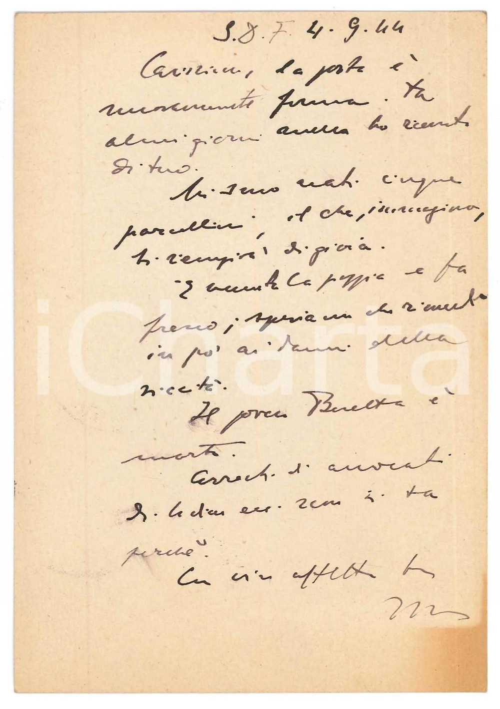 Autografo originale 1944 SAN DANIELE DEL FRIULI Vincenzo MANZINI  Vita in campagna AUTOGRAFO 1