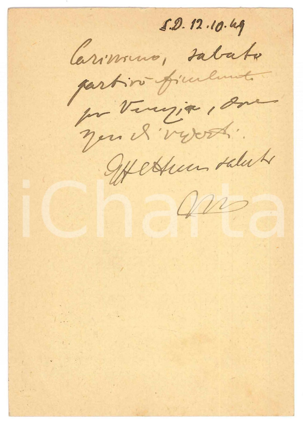 Autografo originale 1949 SAN DANIELE DEL FRIULI Vincenzo MANZINI in partenza per Venezia  AUTOGRAFO 1