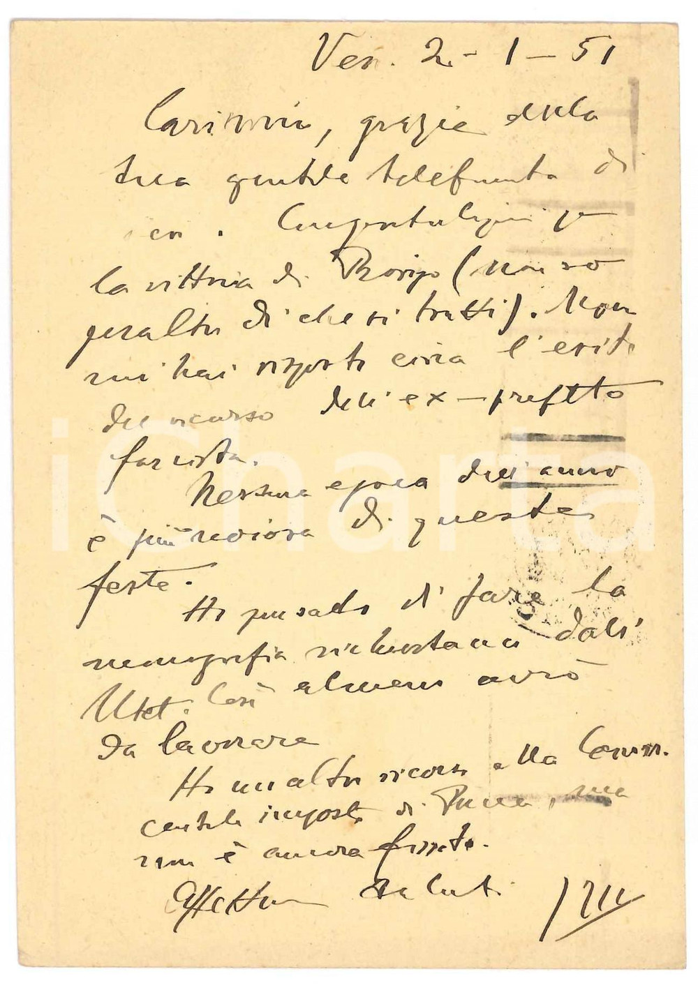 Autografo originale 1951 VENEZIA Vincenzo MANZINI  Cartolina a un collega  AUTOGRAFO 1