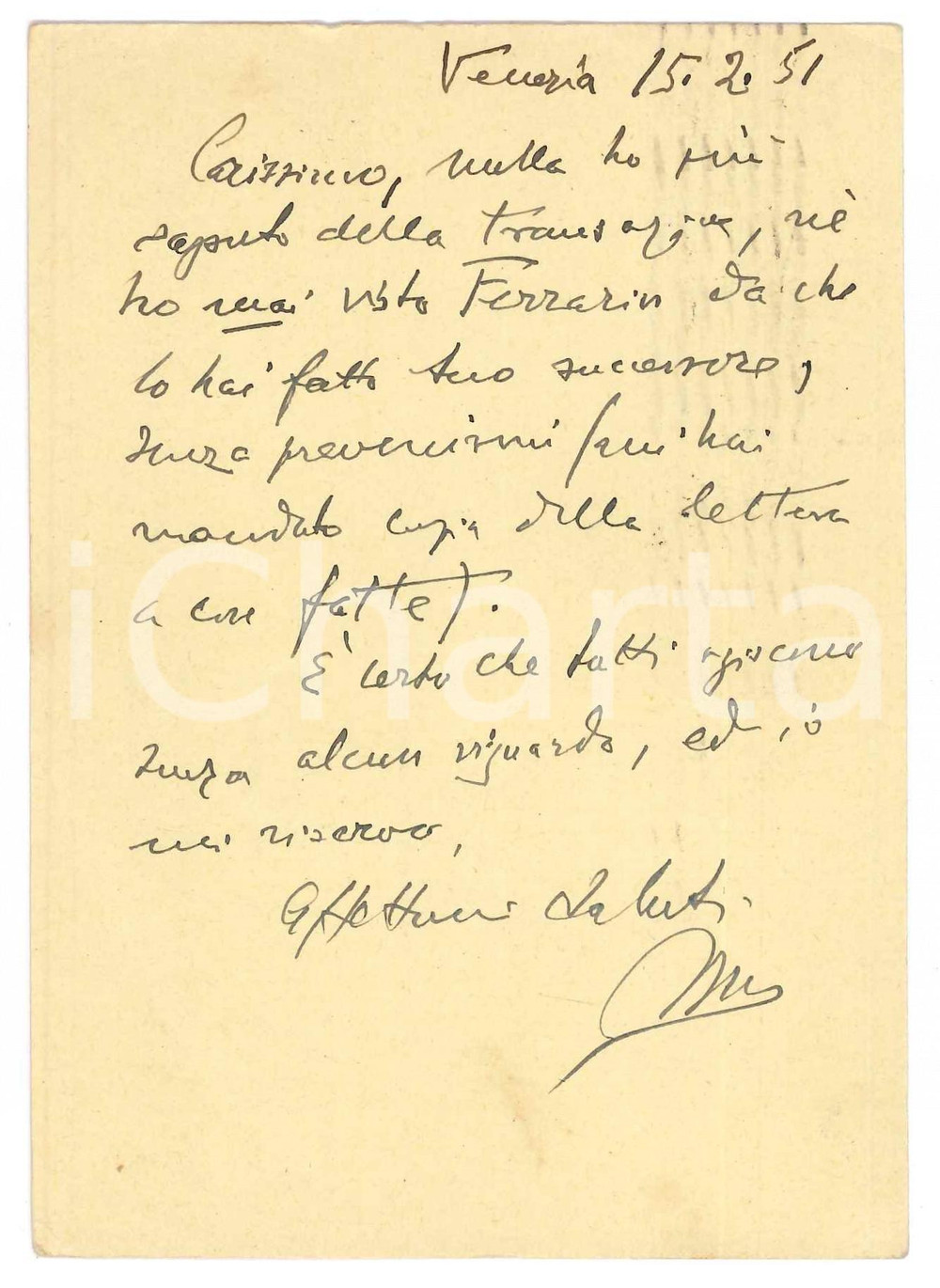Autografo originale 1951 VENEZIA Vincenzo MANZINI  Cartolina a un collega AUTOGRAFO 1