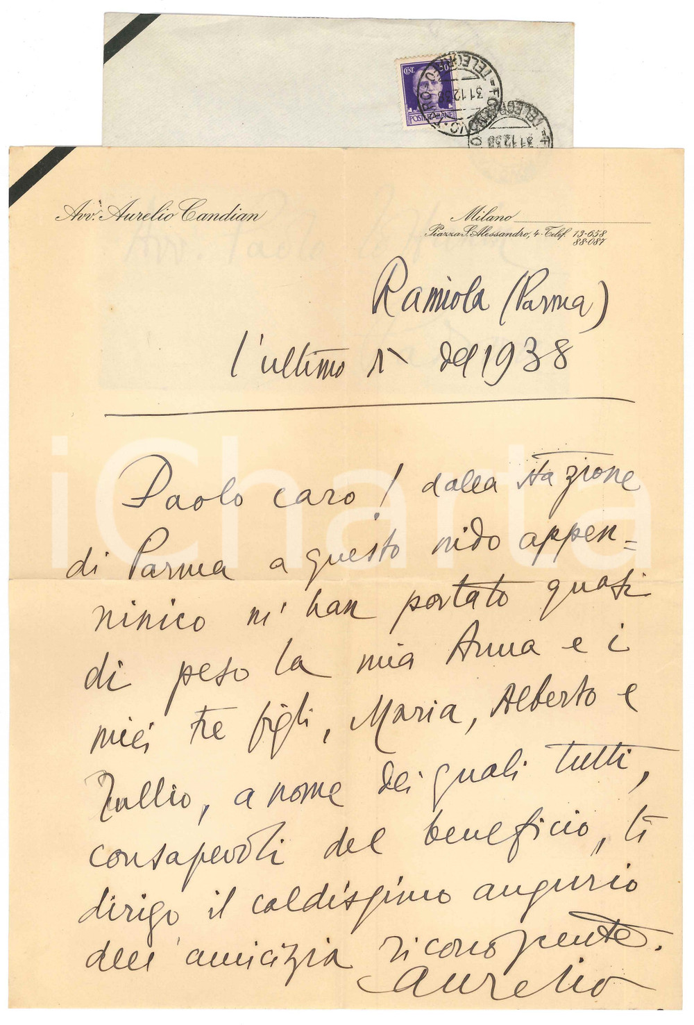 1938 RAMIOLA (PR) Aurelio CANDIAN - Auguri di Capodanno - Autografo Lettera interamente autografa, su carta intestata.Busta viaggiata.PAGINE: 1 FAIR/discreto piegature d'epoca  originale e autentica 1