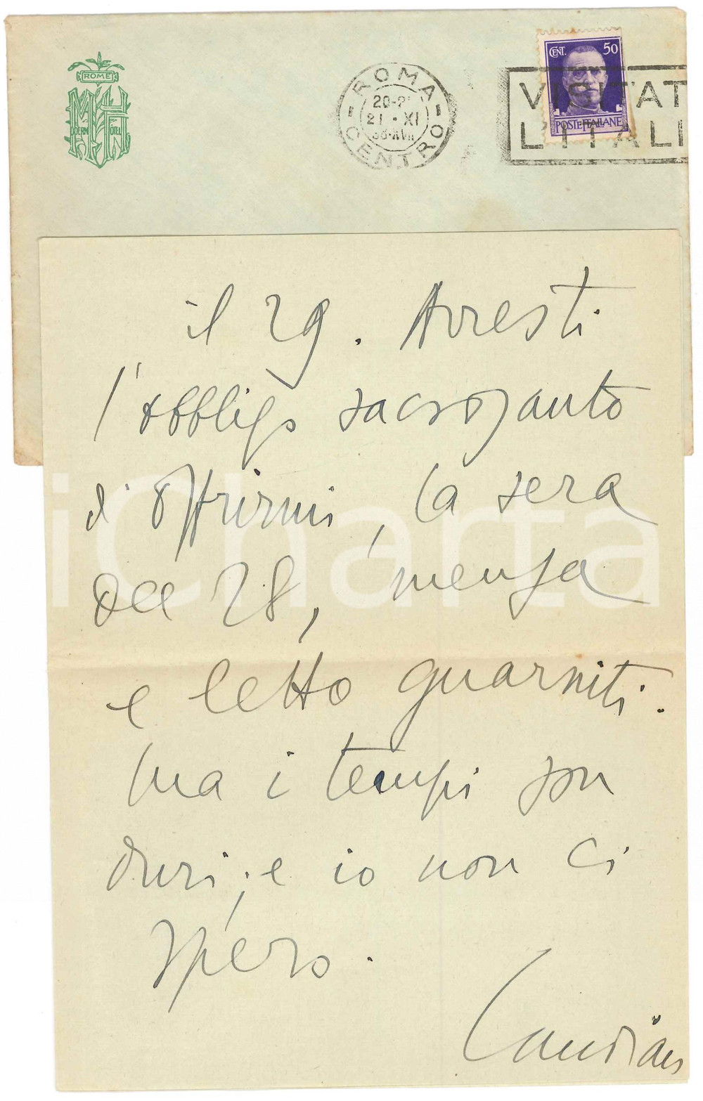 Autografo originale 1938 ROMA Modern Hotel  Aurelio CANDIAN su appuntamento mancato  Autografo 1