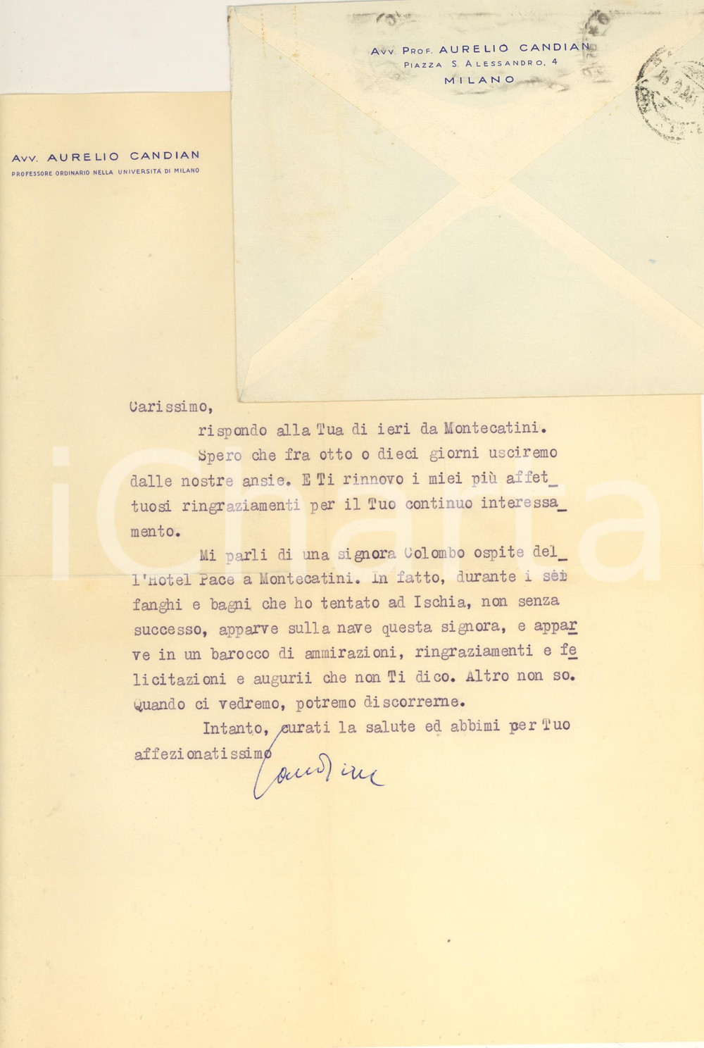 Autografo originale 1956 MILANO Lettera Aurelio CANDIAN a un collega Autografo 1