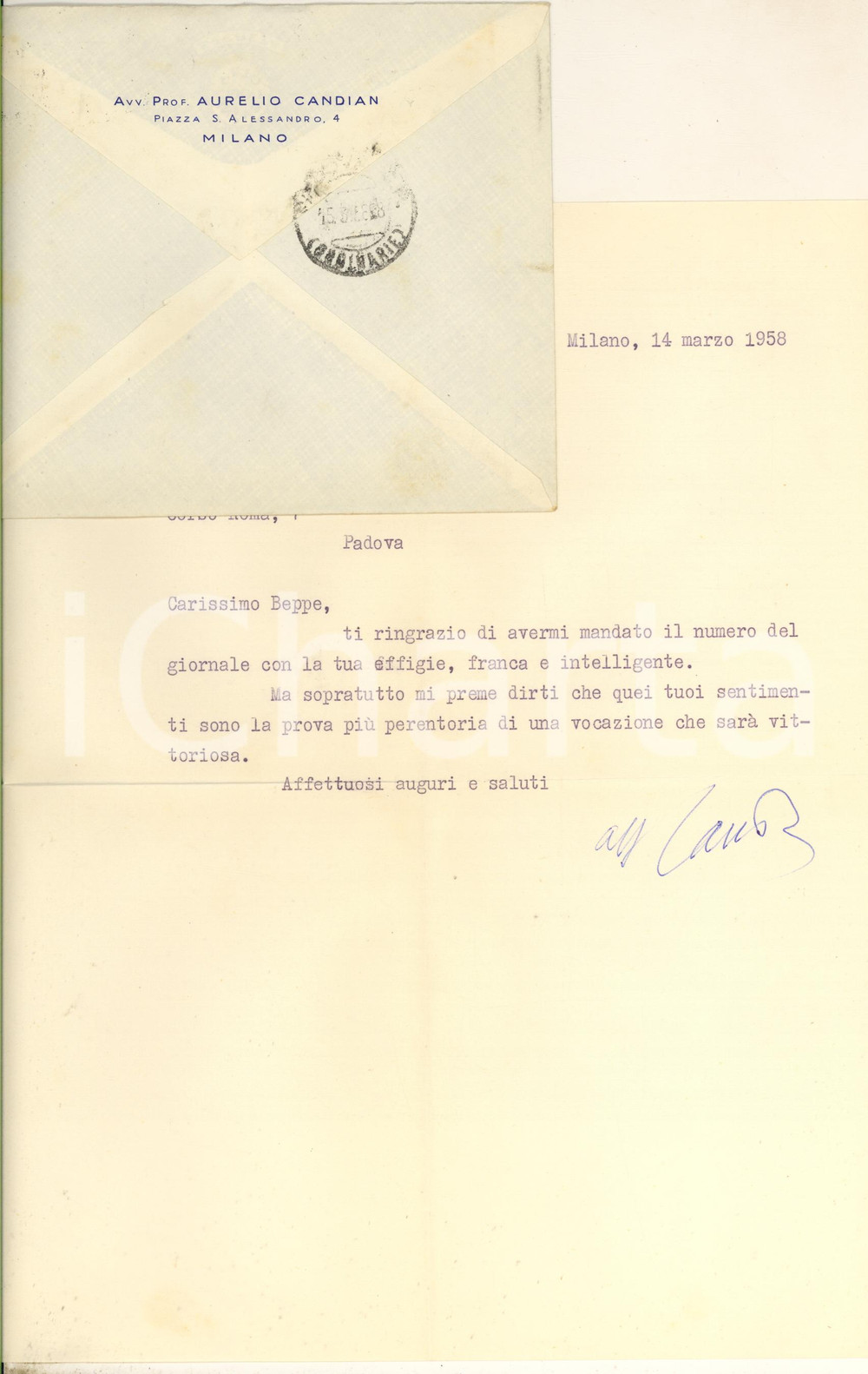 Autografo originale 1958 MILANO Lettera Aurelio CANDIAN a un collega Autografo 1