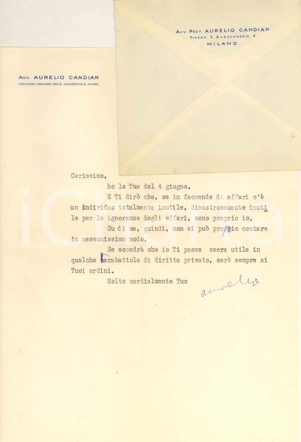 Autografo originale 1959 MILANO Aurelio CANDIAN Sono inutile per ignoranza degli affari Autografo 1
