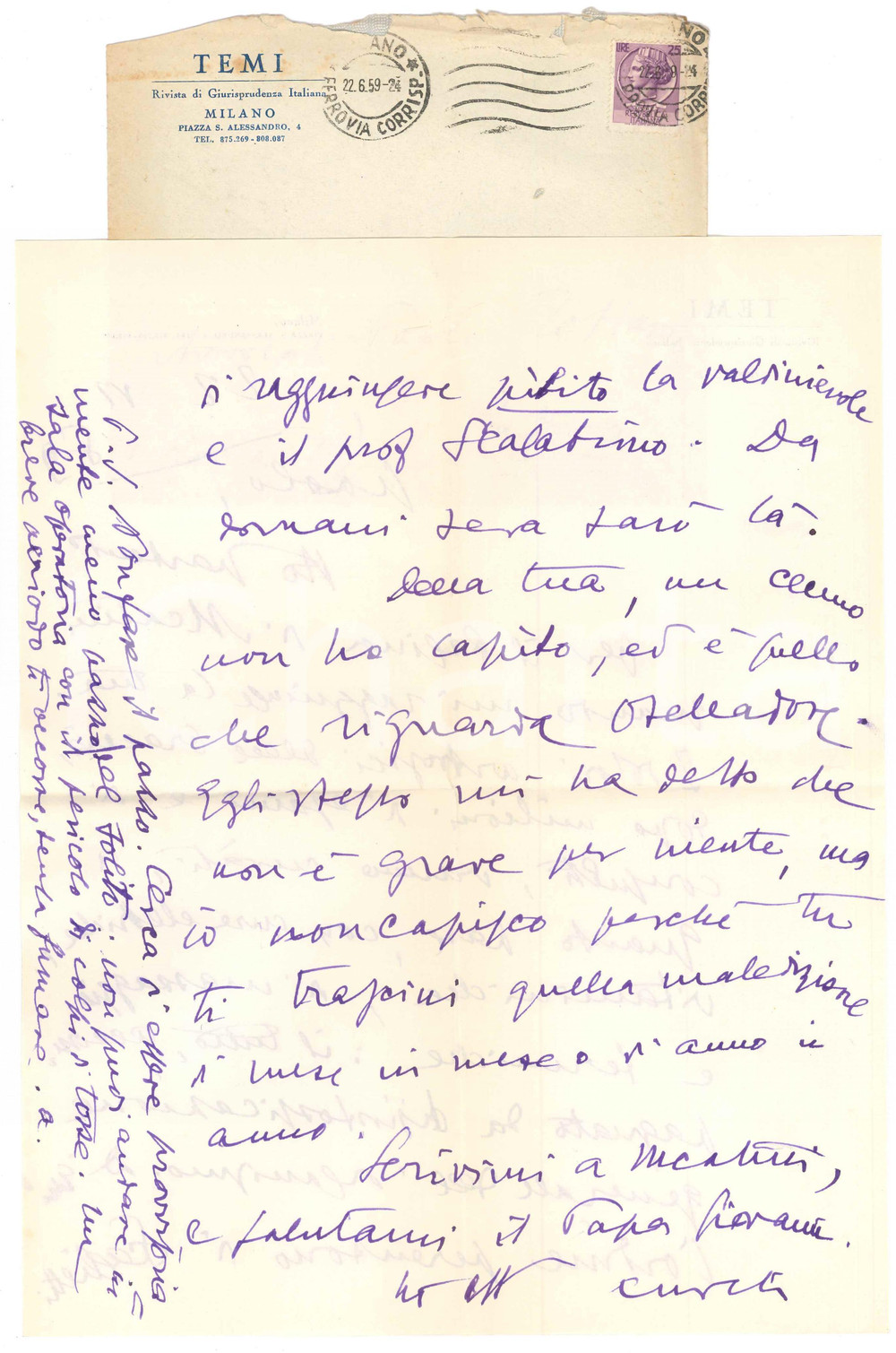 Autografo originale 1959 MILANO Lettera Aurelio CANDIAN a un collega Autografo 1