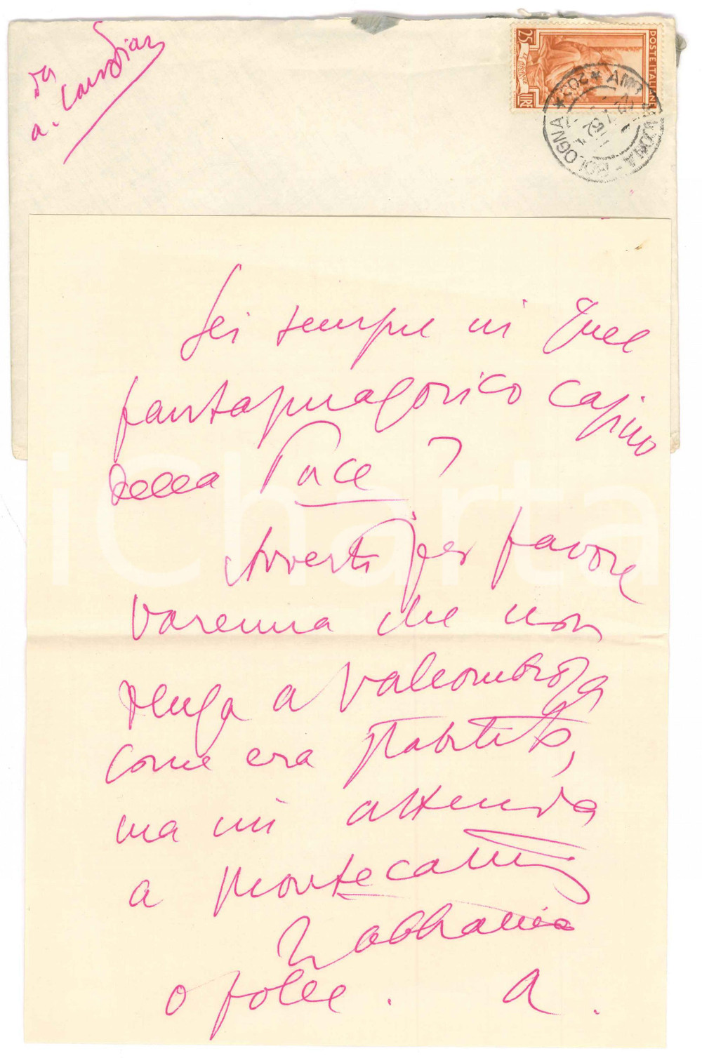 1959 RICCIONE Aurelio CANDIAN in partenza per soggiorno a Montecatini *Autografo Lettera interamente autografa a un amico, di contenuto personale.Unita bozza dattiloscritta di risposta.Busta viaggiata.PAGINE: 4 facciate (2 scritte) FAIR/discreto piegature d'epoca  originale e autentica 1