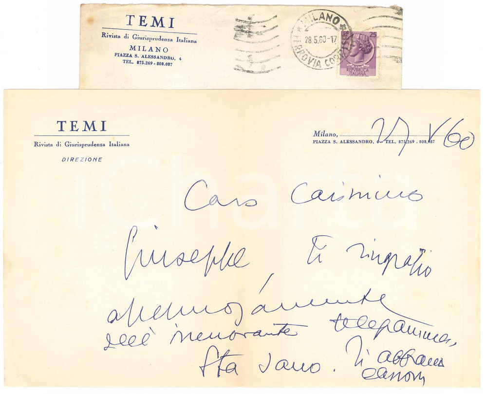 Autografo originale 1960 MODENA Aurelio CANDIAN  Lettera per ringraziamento Autografo 1
