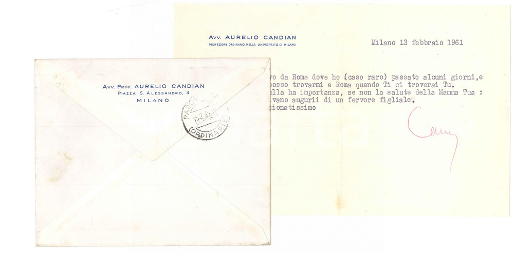 Autografo originale 1961 MILANO Aurelio CANDIAN  Lettera a un amico Autografo 1