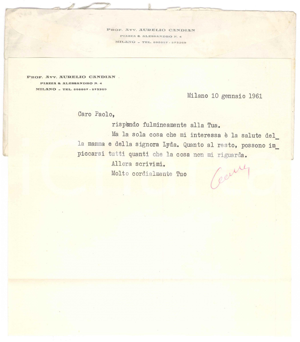 Autografo originale 1961 MILANO Lettera Aurelio CANDIAN a un collega e amico Autografo 1