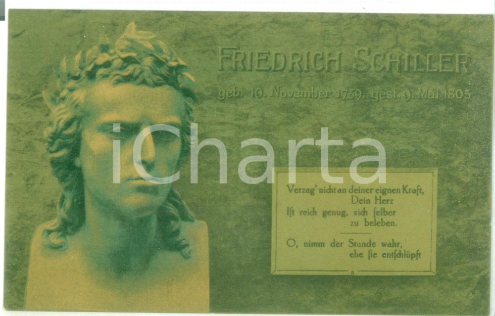 Cartolina originale da collezione 1910 ca ARTE Busto di Friedrich SCHILLER con frase del Wallenstein Postcard 1