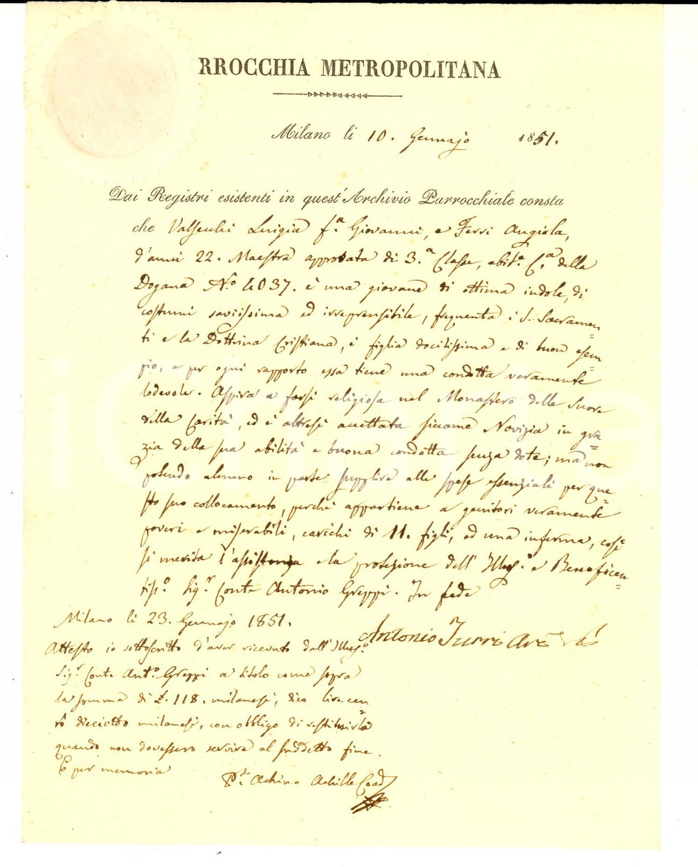 1851 MILANO DUOMO Sussidio a Luigia VALSECCHI per l'ingresso in monastero Interessante manoscritto, che attesta la povert&agrave; di Luigia Valsecchi, proveniente da una famiglia di undici figli e desiderosa di entrare in convento, tra le Suore della Carit&agrave;.La giovane, accettata senza dote, viene riconosciuta meritevole di un sussidio per coprire le spese essenziali.Sigillo in carta della Parrocchia Metropolitana, con immagine del Duomo.Firma dell'arciprete Antonio Turri.CONDIZIONI: buone  (ma lieve piegatura centrale d'epoca)PAGINE:  1    originale e autentica 1
