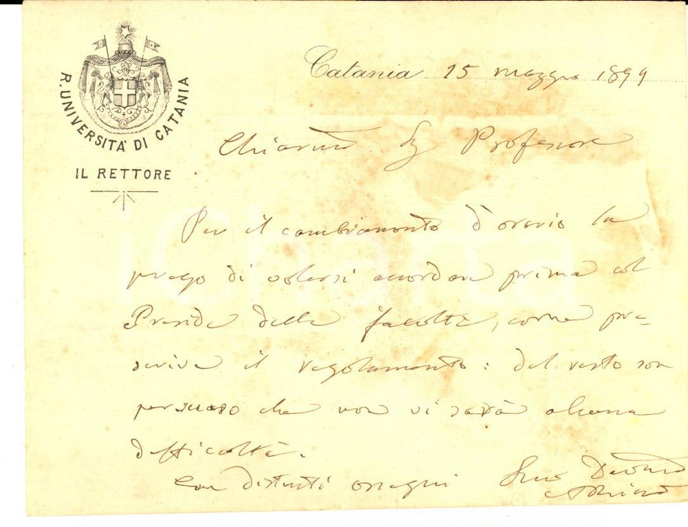 1899 CATANIA Rettore Annibale RICCO' per nuovo orario di un corso - AUTOGRAFO Biglietto autografo del noto astronomo Annibale Ricc&ograve;.CONDIZIONI: POOR (carta lenta, macchie e piegatura orizzontale)    originale e autentica 1