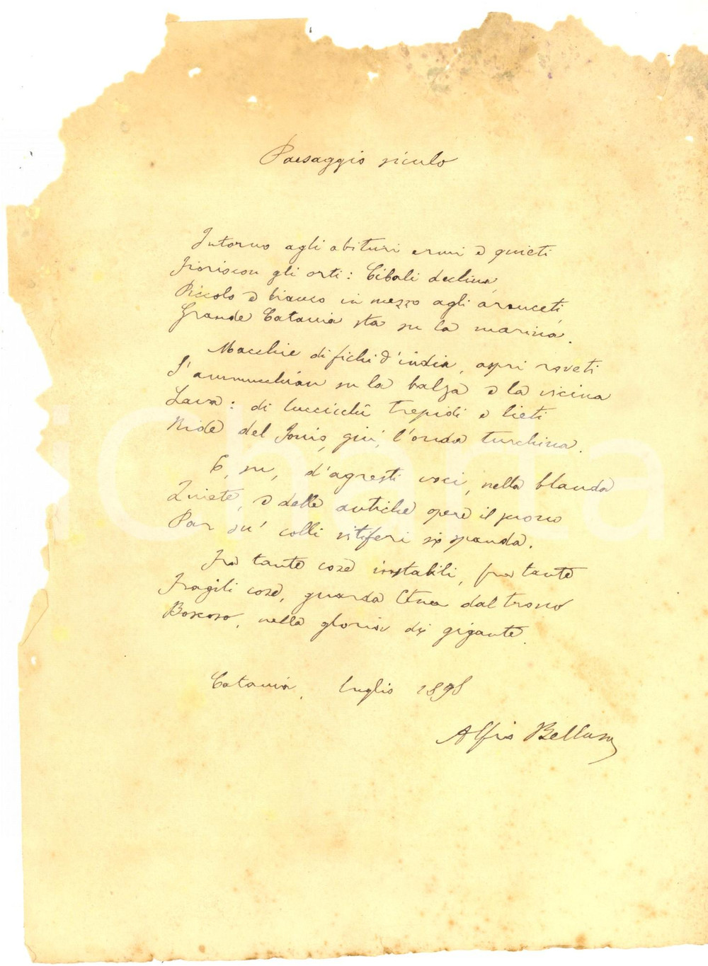 1898 CATANIA Alfio BELLUSO - Paesaggio siculo - Poesia AUTOGRAFA INEDITA (?)