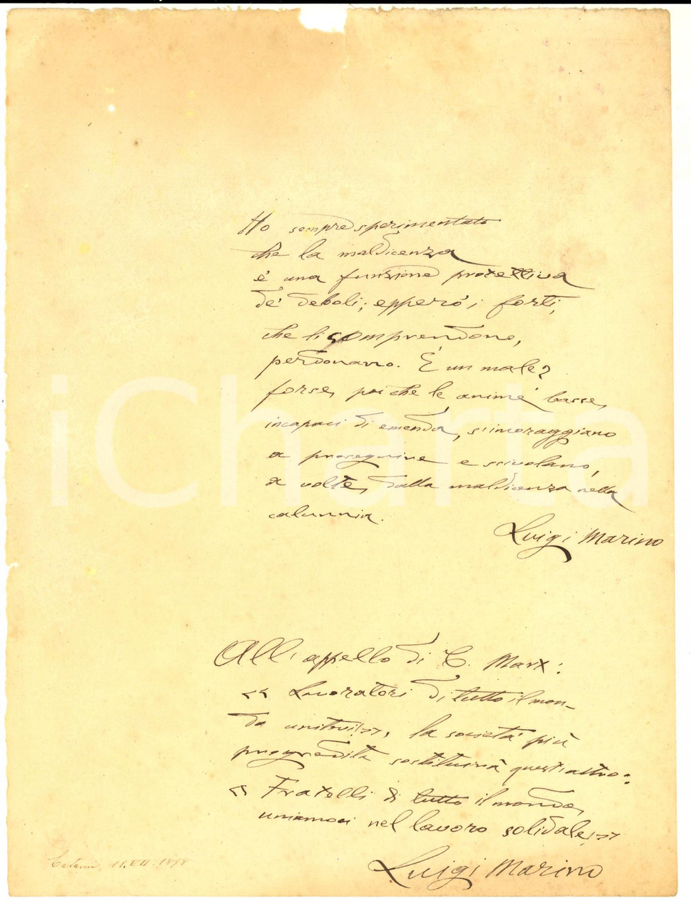 Autografo originale 1898 CATANIA Luigi MARINO Fratelli di tutto il mondo, uniamoci nel lavoro 1