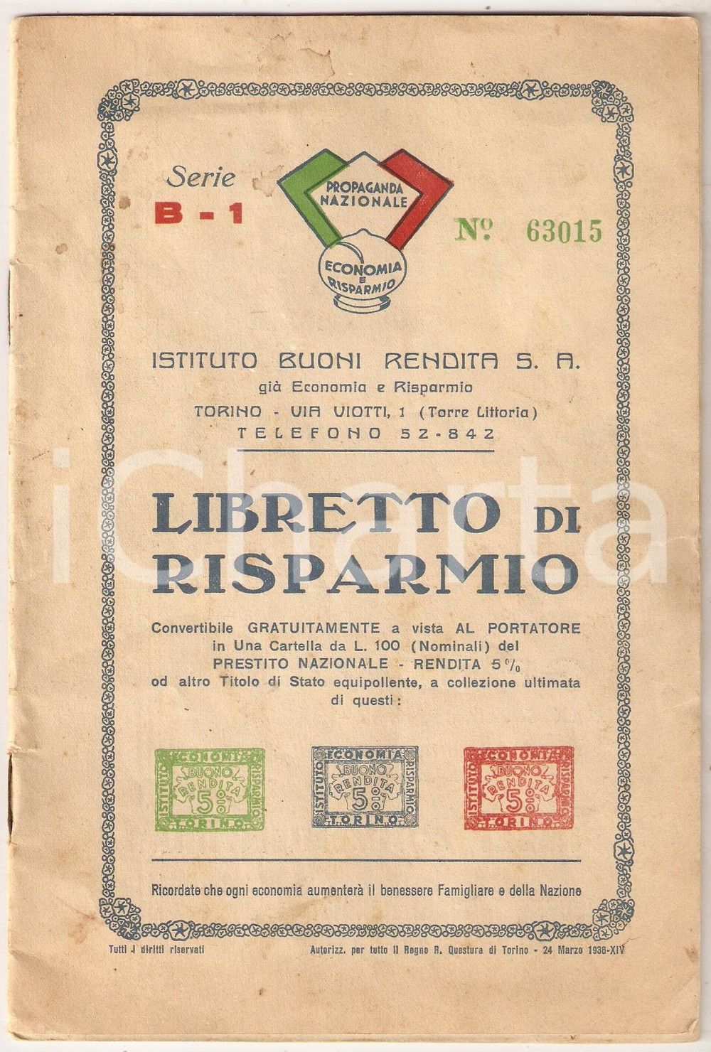 Oggetto da collezione cartaceo 1936 ISTITUTO BUONI RENDITA Agenzia di GENOVA Libretto di risparmio Serie B1 1