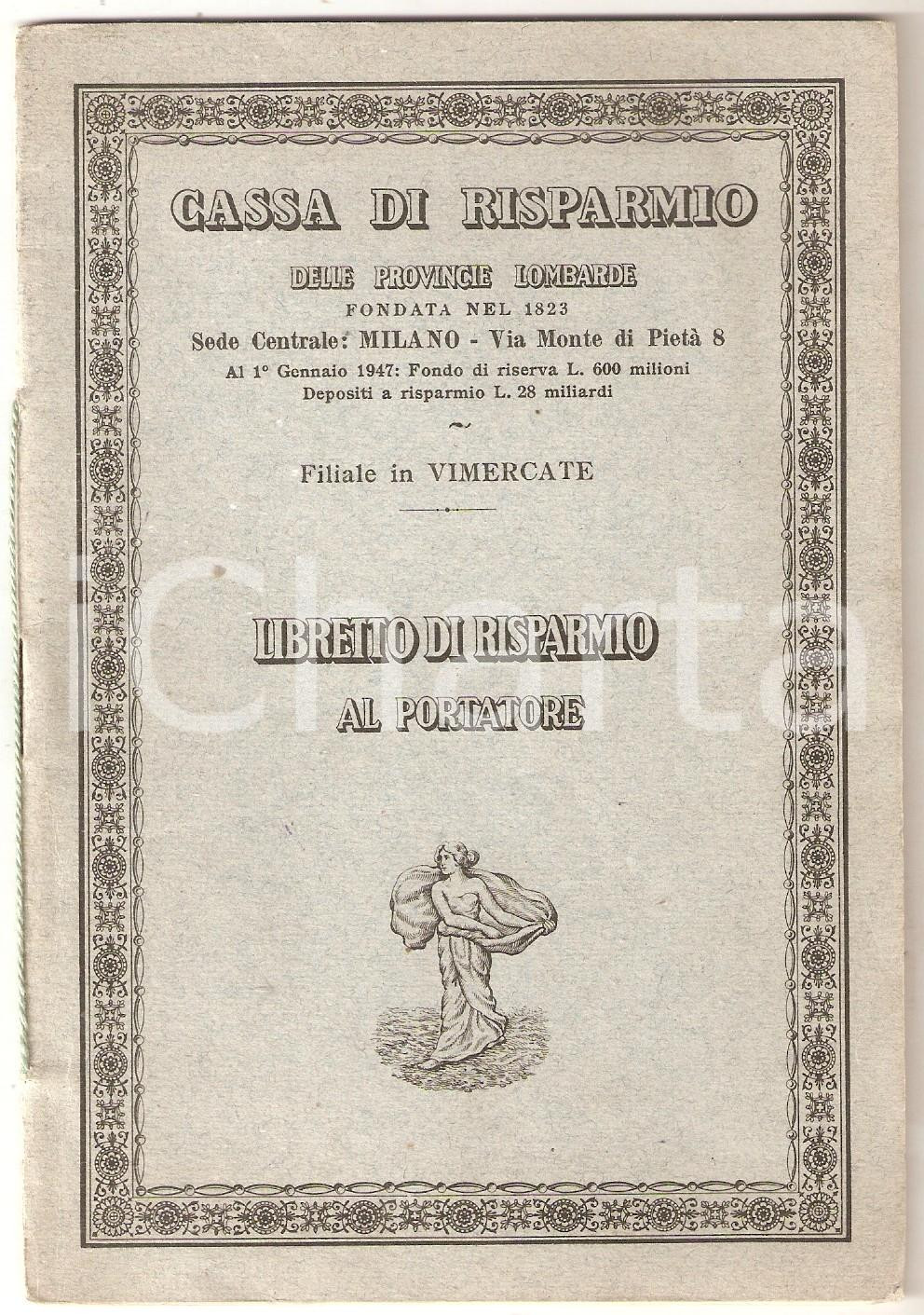 Oggetto da collezione cartaceo 1949 VIMERCATE Cassa di Risparmio Provincie Lombarde  Libretto di risparmio 1