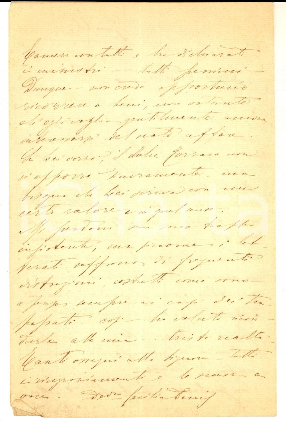 1899 CATANIA Poetessa Cecilia DENI in attesa per una graduatoria *AUTOGRAFO Lettera interamente autografa della poetessa e insegnante Cecilia Deni, relativa alla lunga attesa per un avanzamento nelel graduatorie scolastiche.CONDIZIONI: G (ma lievi piegature d'epoca)PAGINE: 4 (2 scritte)    originale e autentica 1