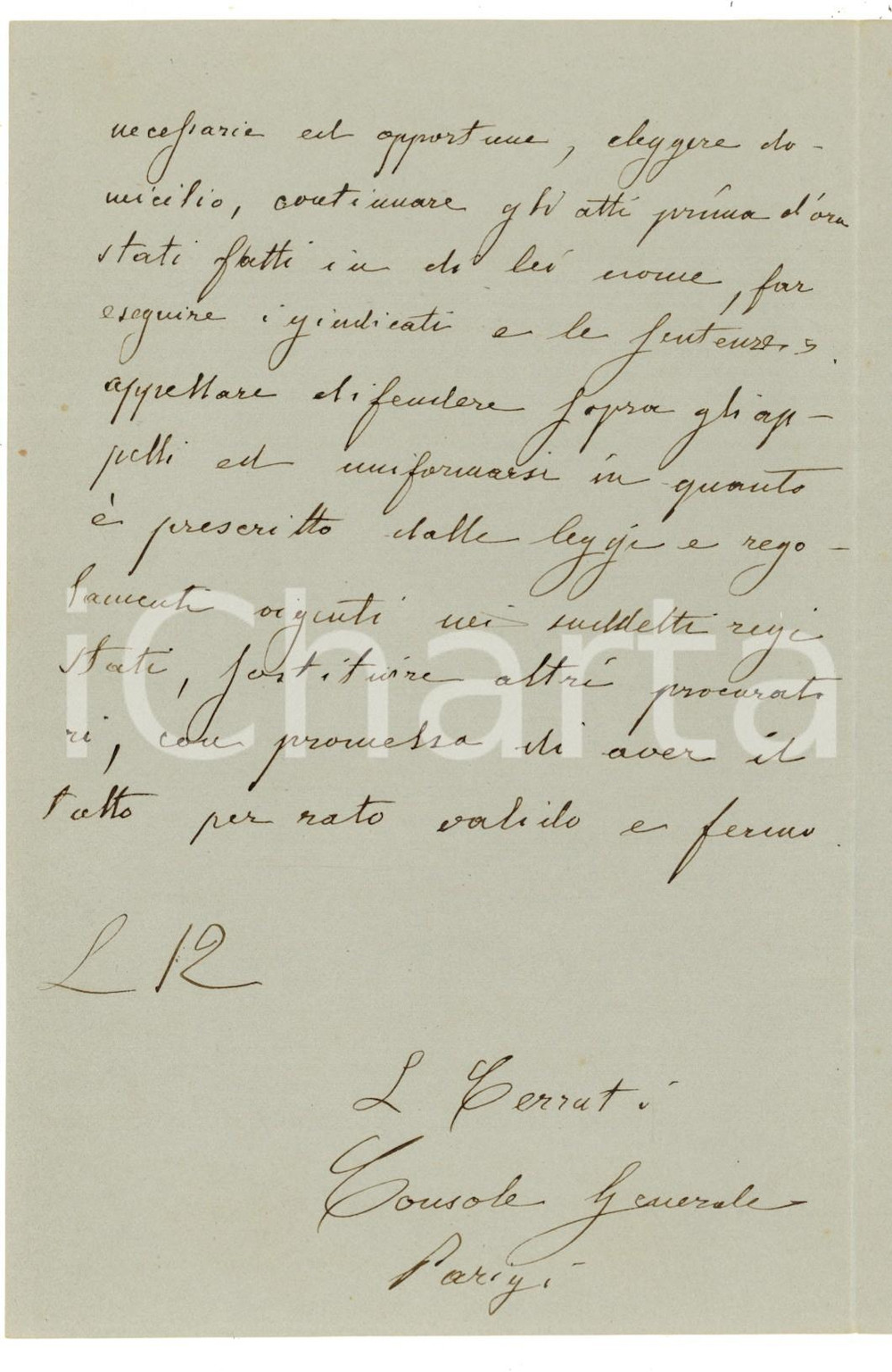 Autografo originale 1874 PARIS Console Luigi CERRUTI nomina procuratore per marchesa Centurione 1
