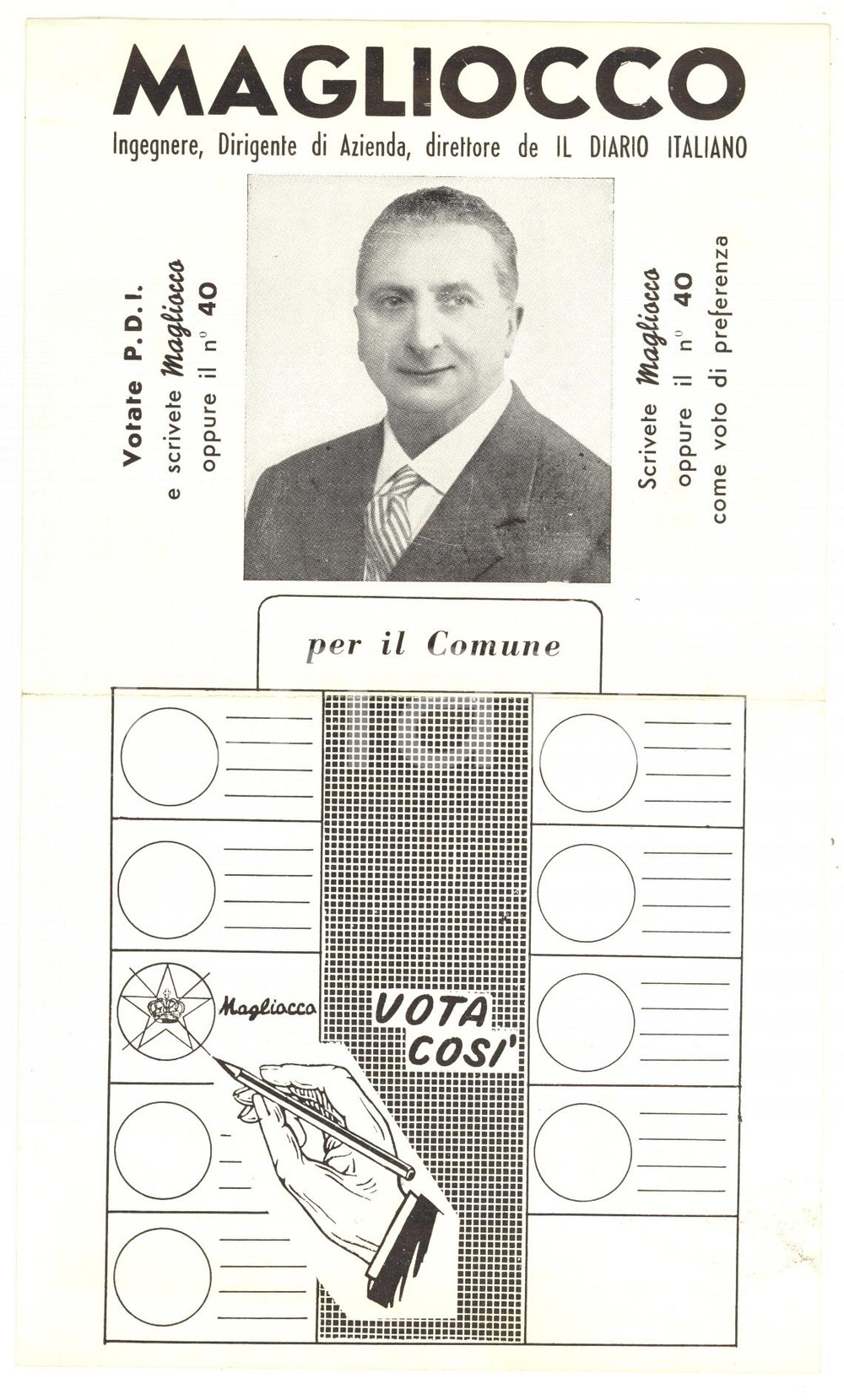 Materiale pubblicitario d’epoca 1965 ca PARTITO DEMOCRATICO ITALIANO  Vito MAGLIOCCO Volantino per elezioni 1