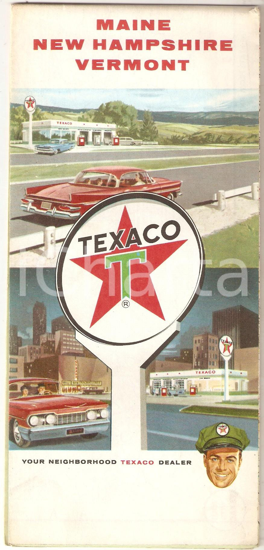 Mappa, planimetria storica 1963 TEXACO Touring map of MAINE New Hampshire VERMONT  Cartina 15x72 cm 1