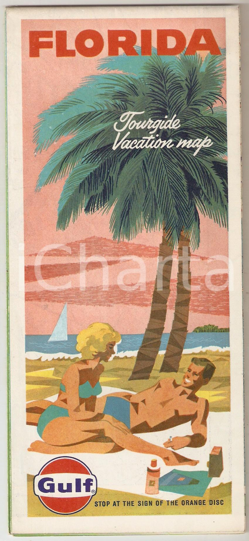 Mappa, planimetria storica 1963 GULF OIL CORPORATION Tourgide vacation map of FLORIDA Cartina 15x72 cm 1