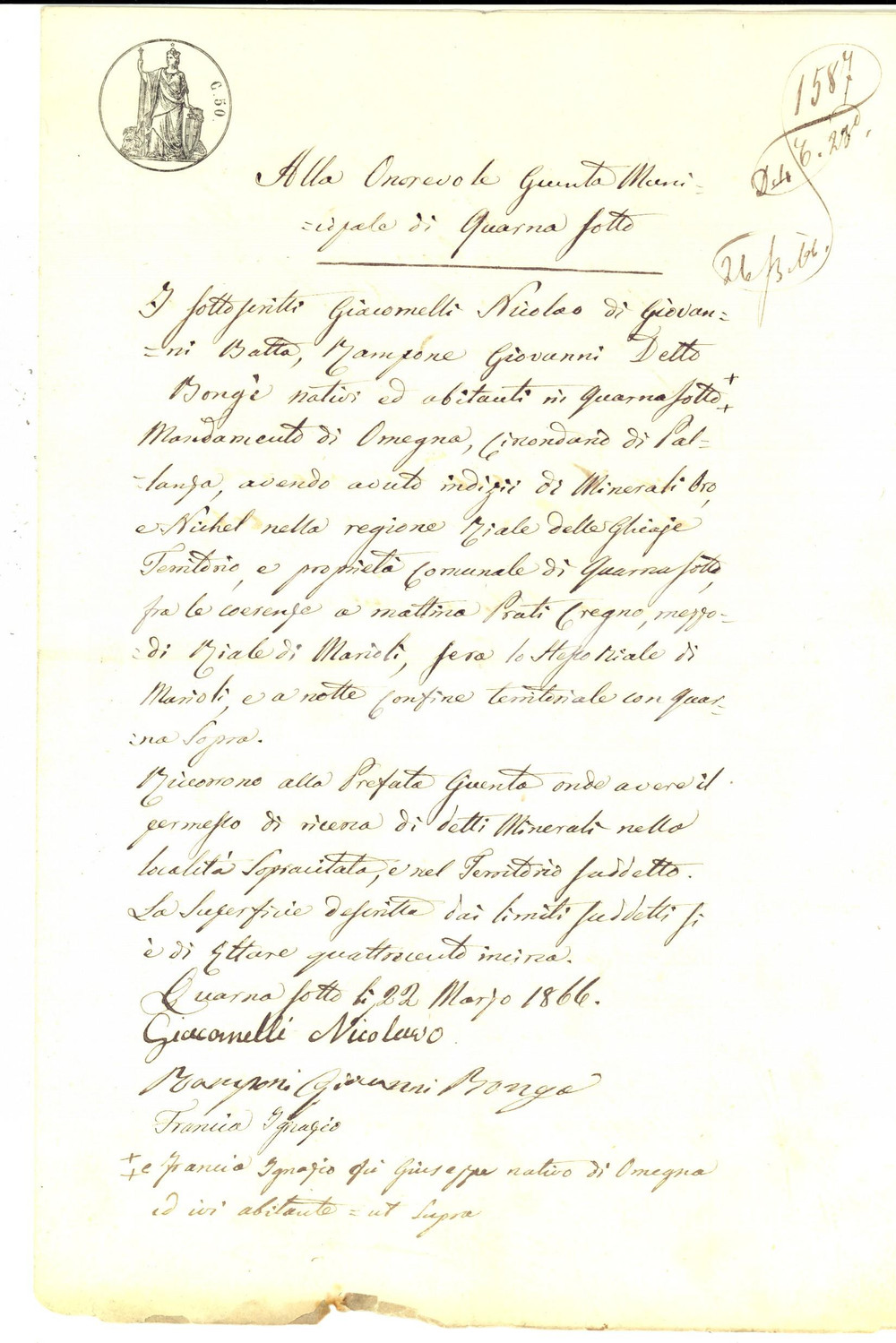 Documento originale, autentico 1866 QUARNA SOTTO Permesso sfruttamento miniere a GIACOMELLI e RAMPONE 1