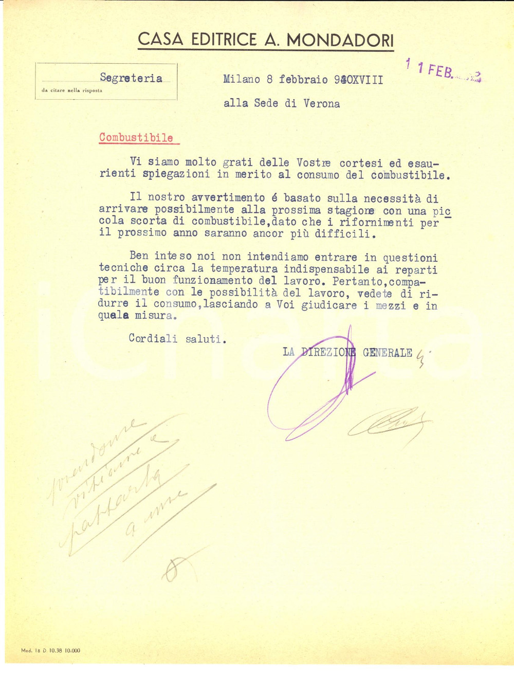 Documento originale, autentico 1940 AUTARCHIA VERONA Casa Editrice MONDADORI  Riduzione consumo combustibile 1