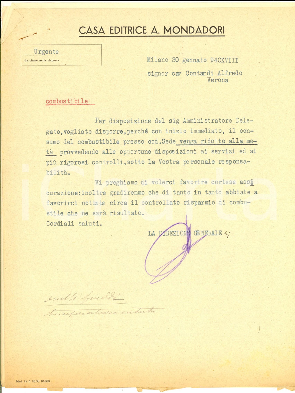 Documento originale, autentico 1940 AUTARCHIA VERONA Casa Editrice MONDADORI  Obbligo riduzione combustibile 1