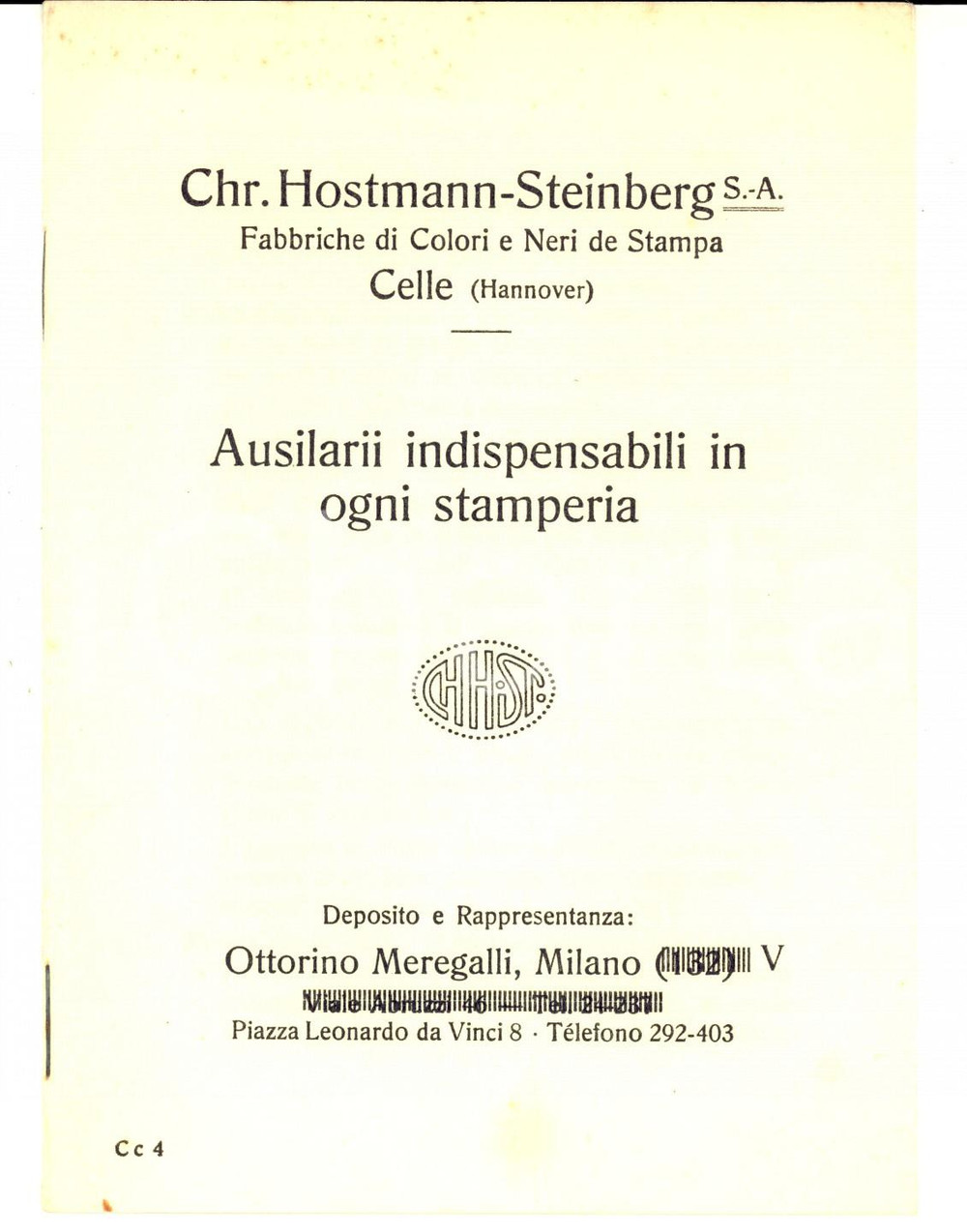 Materiale pubblicitario d’epoca 1940 ca Ditta Chr. HOSTMANNSTEINBERG  Ausiliarii per stamperia  Libretto 1