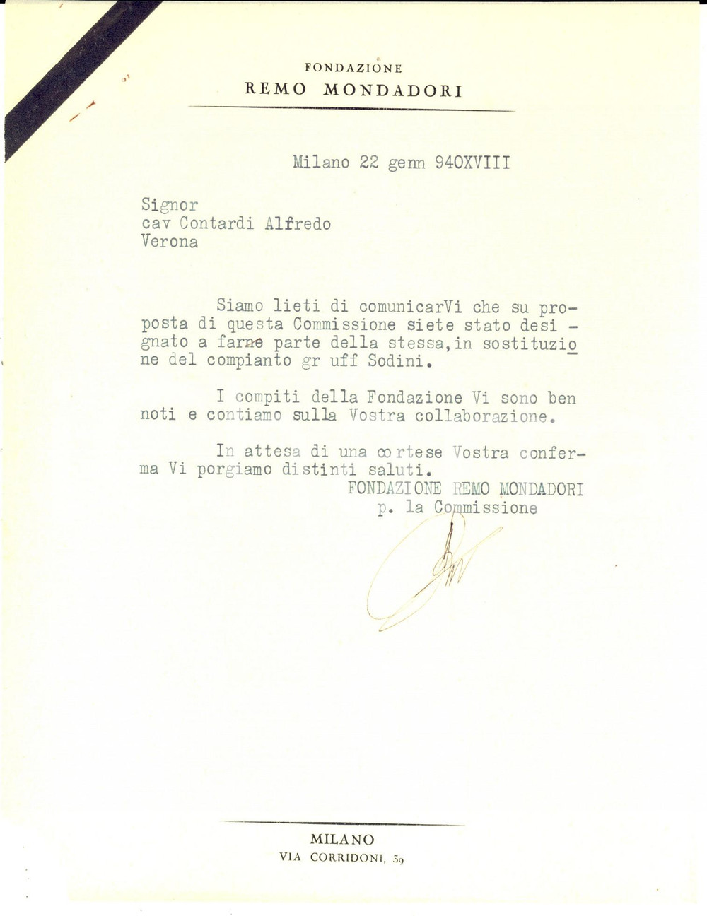 Manoscritto, lettera originale 1940 MILANO Fondazione Remo MONDADORI  Alfredo CONTARDI membro Commissione 1