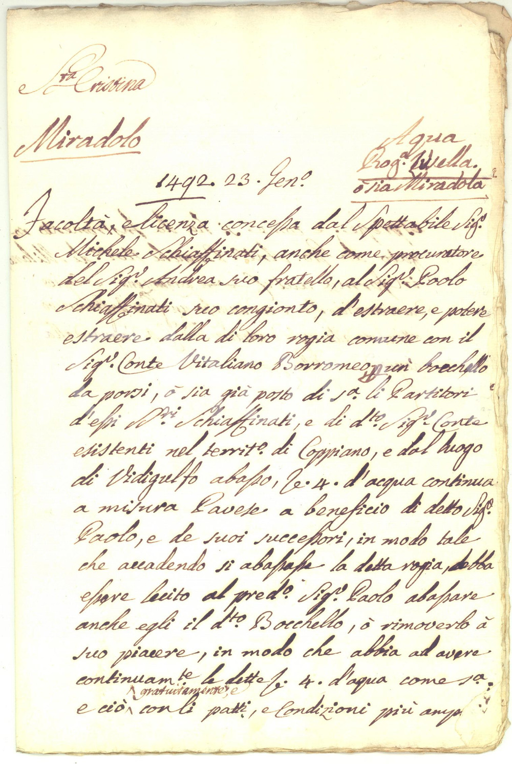 Documento originale, autentico 1492 COPIANO / VIDIGULFO Licenza Michele SCHIAFFINATI estrazione acqua da roggia 1