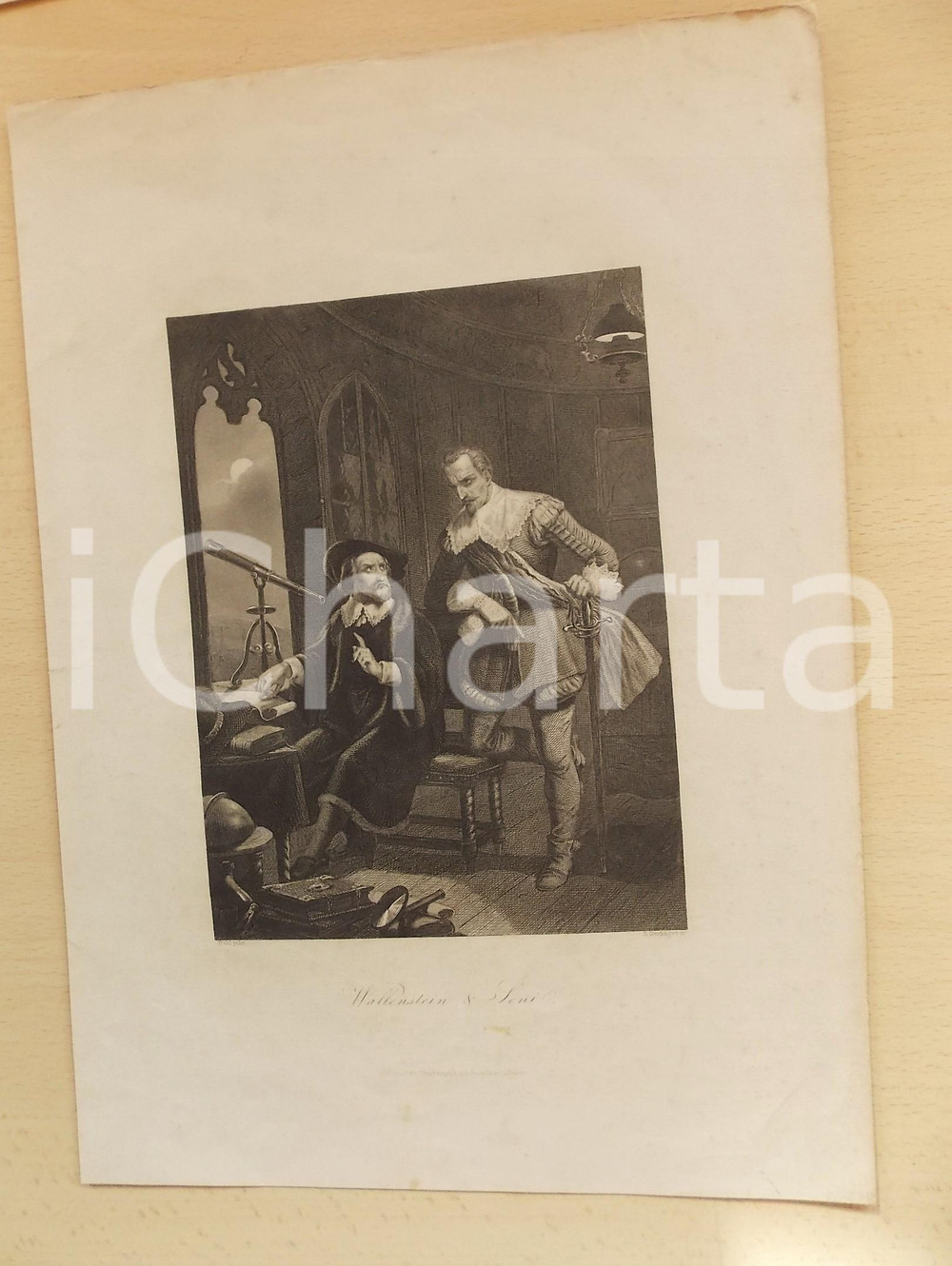 Stampa, bozzetto originale 1856 Illustrirten Familienbuches  WALLENSTEIN und SENI  Stampa 23x32 cm 1