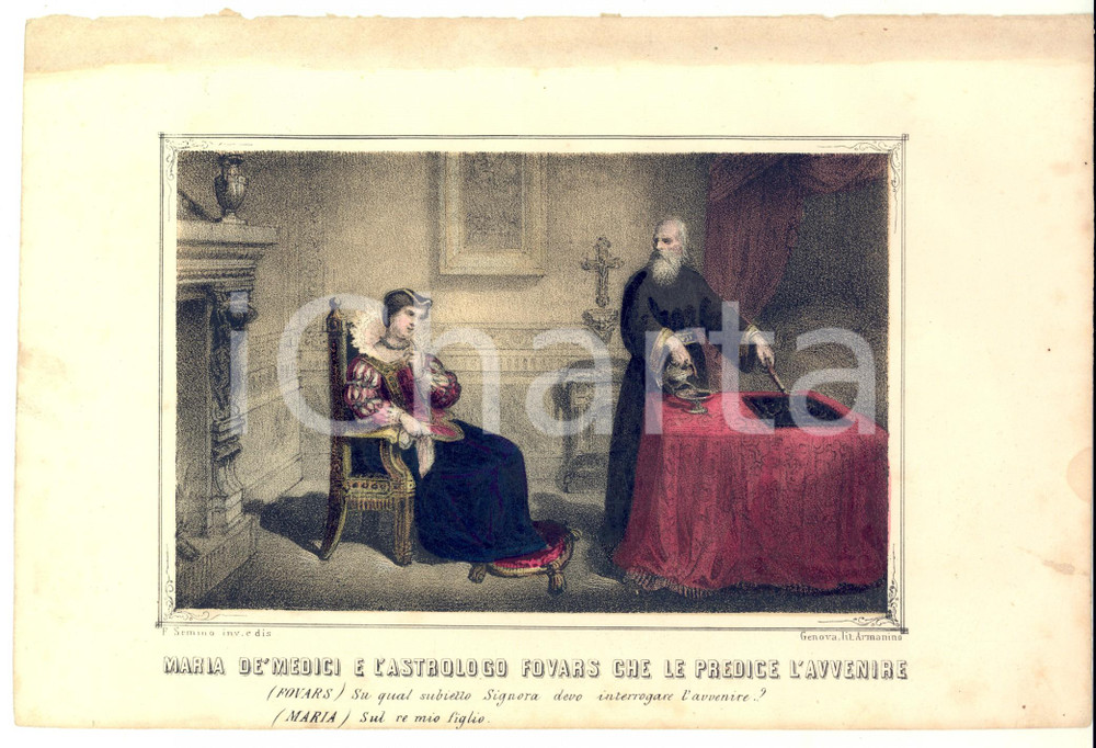 1859 G. LA CECILIA Maria de' Medici e l'astrologo FOVARS - Cromolitografia Cromolitografia estratta dall'opera "Storie segrete delle Famiglie reali o misteri della vitaintima dei Borboni di Francia, di Spagna, di Parma,di Napoli e della Famiglia Asburgo - Lorena d' Austria e di Toscana", di Giovanni La Cecilia, pubblicata a Genova nel 1859.Disegno di F. Semino. CONDIZIONI: FAIR (brunitura al margine superiore)FORMATO: 26x18 cm    originale e autentica 1