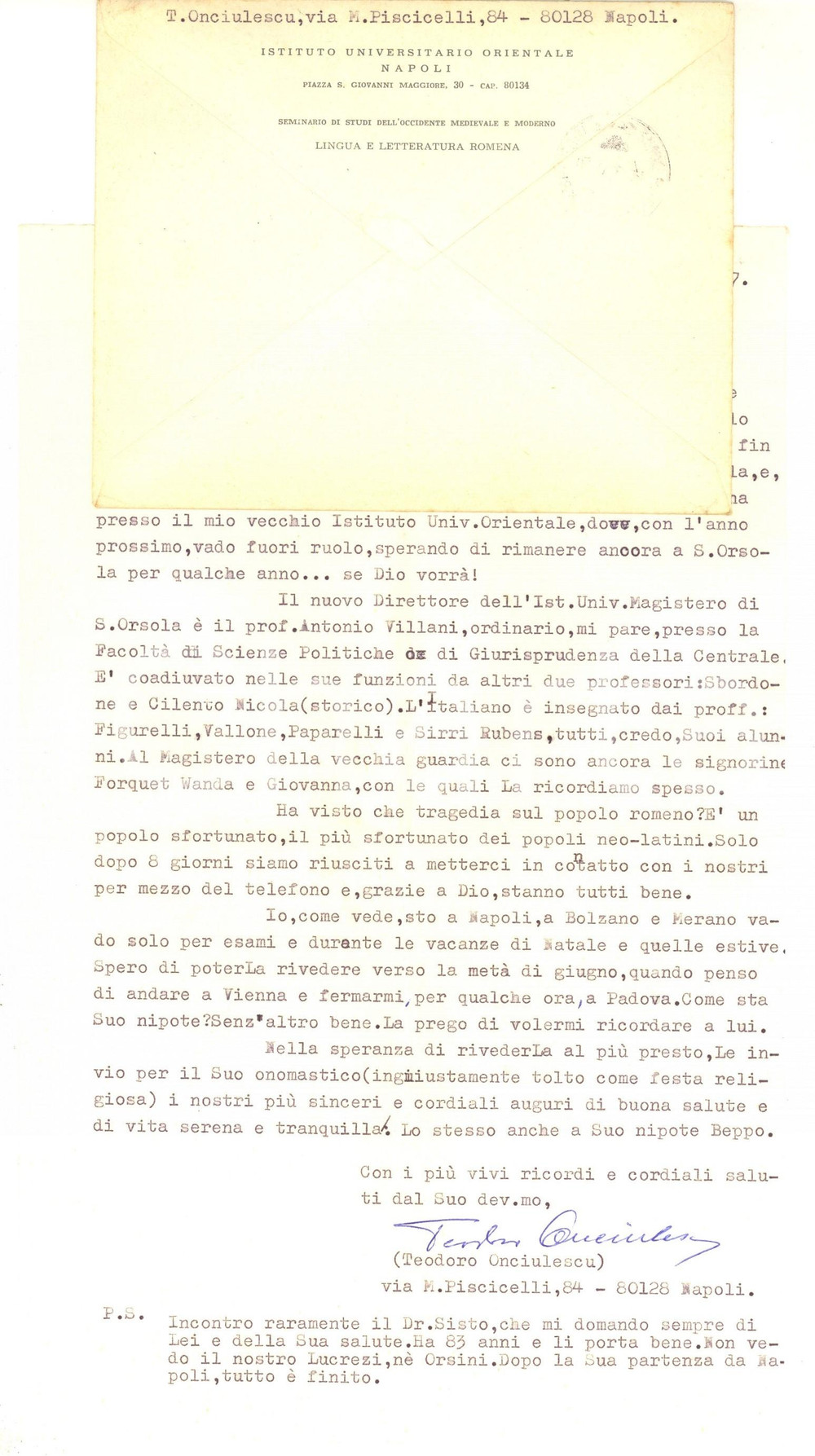 Autografo originale 1977 NAPOLI Lettera prof. Teodor ONCIULESCU a un collega  Autografo 1
