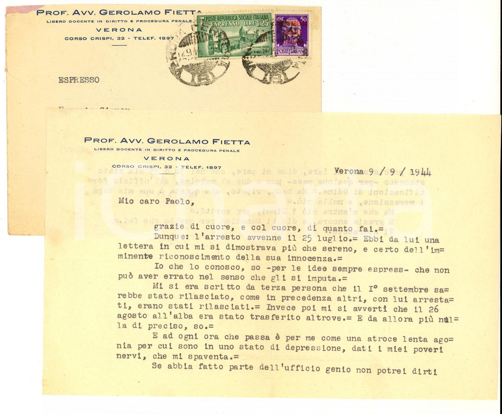Autografo originale 1944 WW2 RSI VERONA Lettera prof. Gerolamo FIETTA per un amico Autografo 1