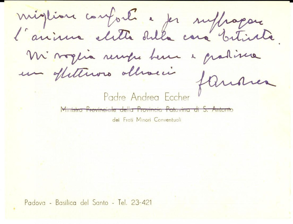 Autografo originale 1953 PADOVA Biglietto padre Andrea ECCHER  per condoglianze  AUTOGRAFO 1