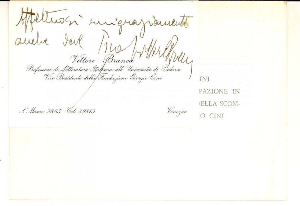Autografo originale 1978 VENEZIA Biglietto Vittore BRANCA per ringraziamento Autografo 1